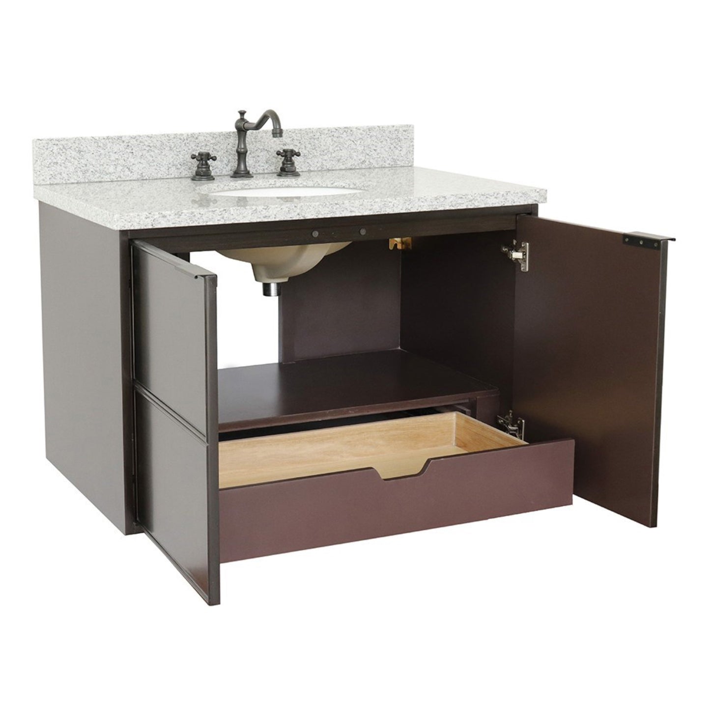 37" Single wall mount vanity in Cappuccino finish with Gray granite top and oval sink
