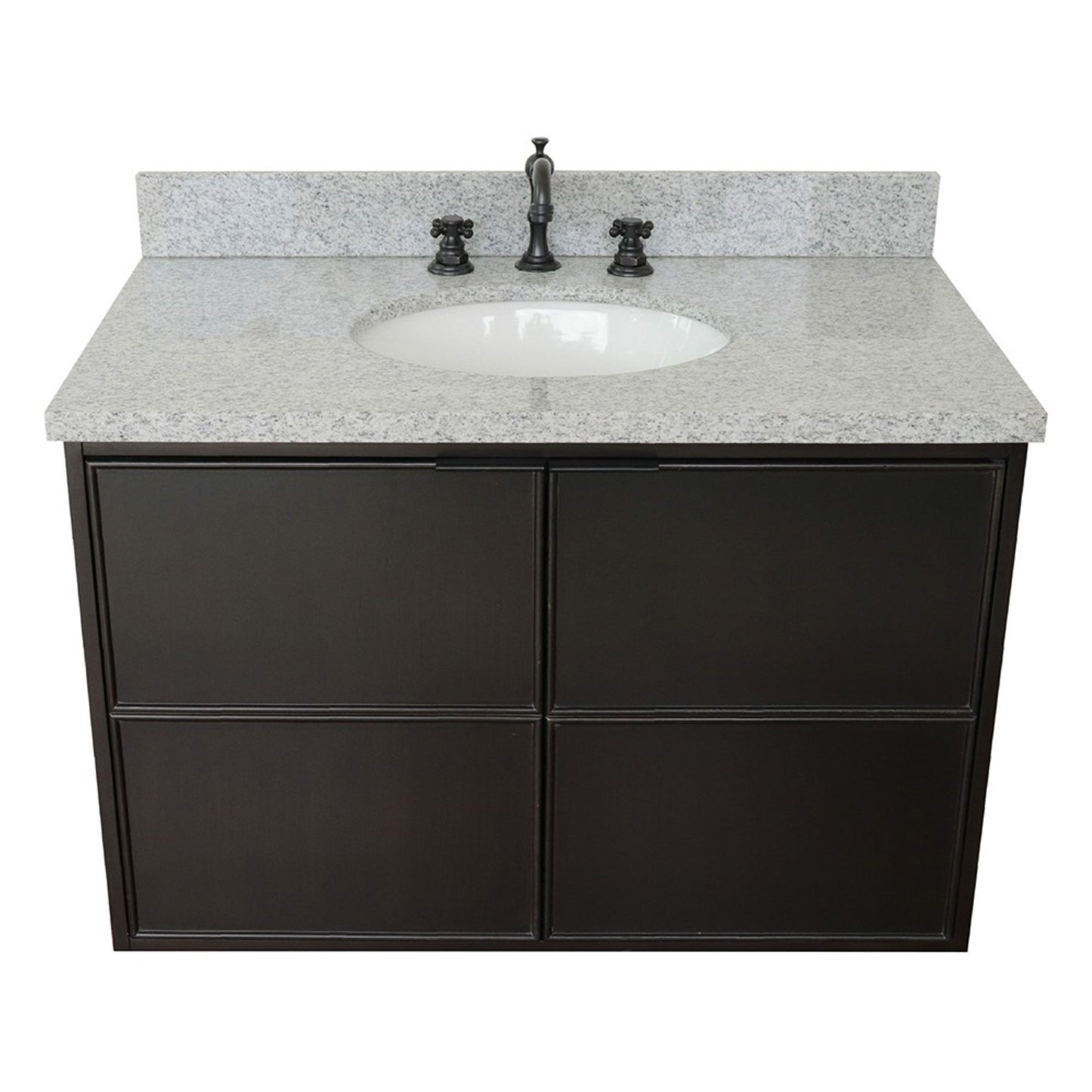 37" Single wall mount vanity in Cappuccino finish with Gray granite top and oval sink