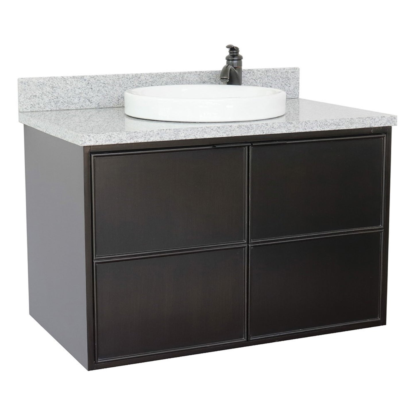 37" Single wall mount vanity in Cappuccino finish with Gray granite top and round sink