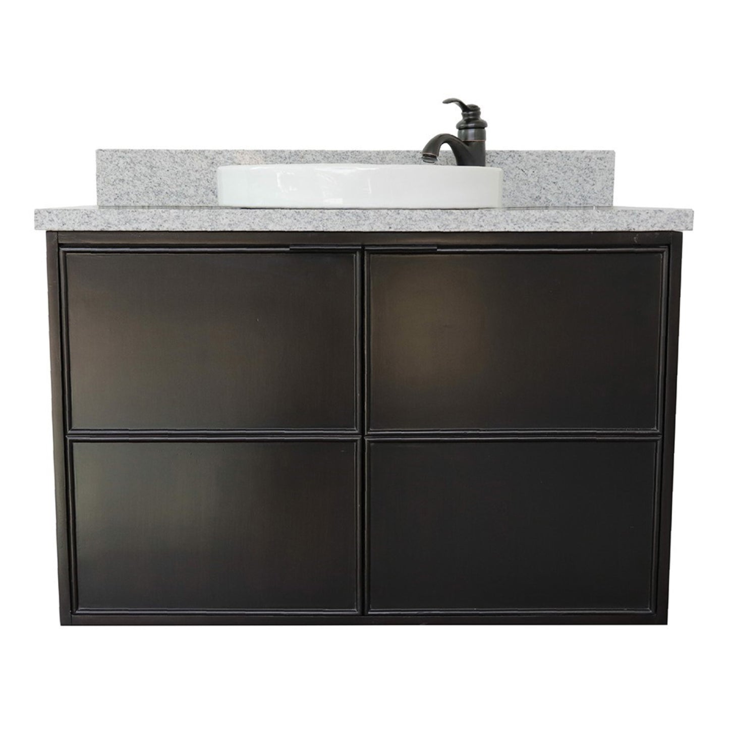 37" Single wall mount vanity in Cappuccino finish with Gray granite top and round sink