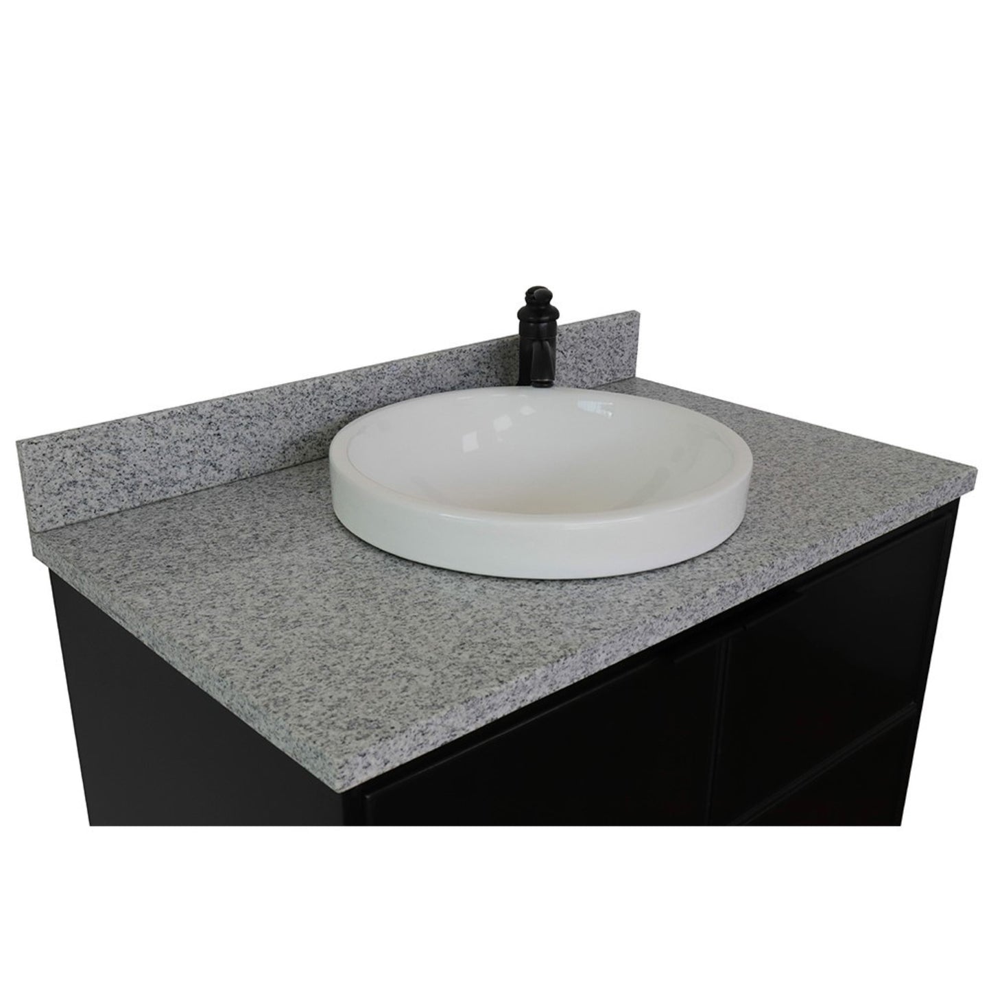 37" Single wall mount vanity in Cappuccino finish with Gray granite top and round sink