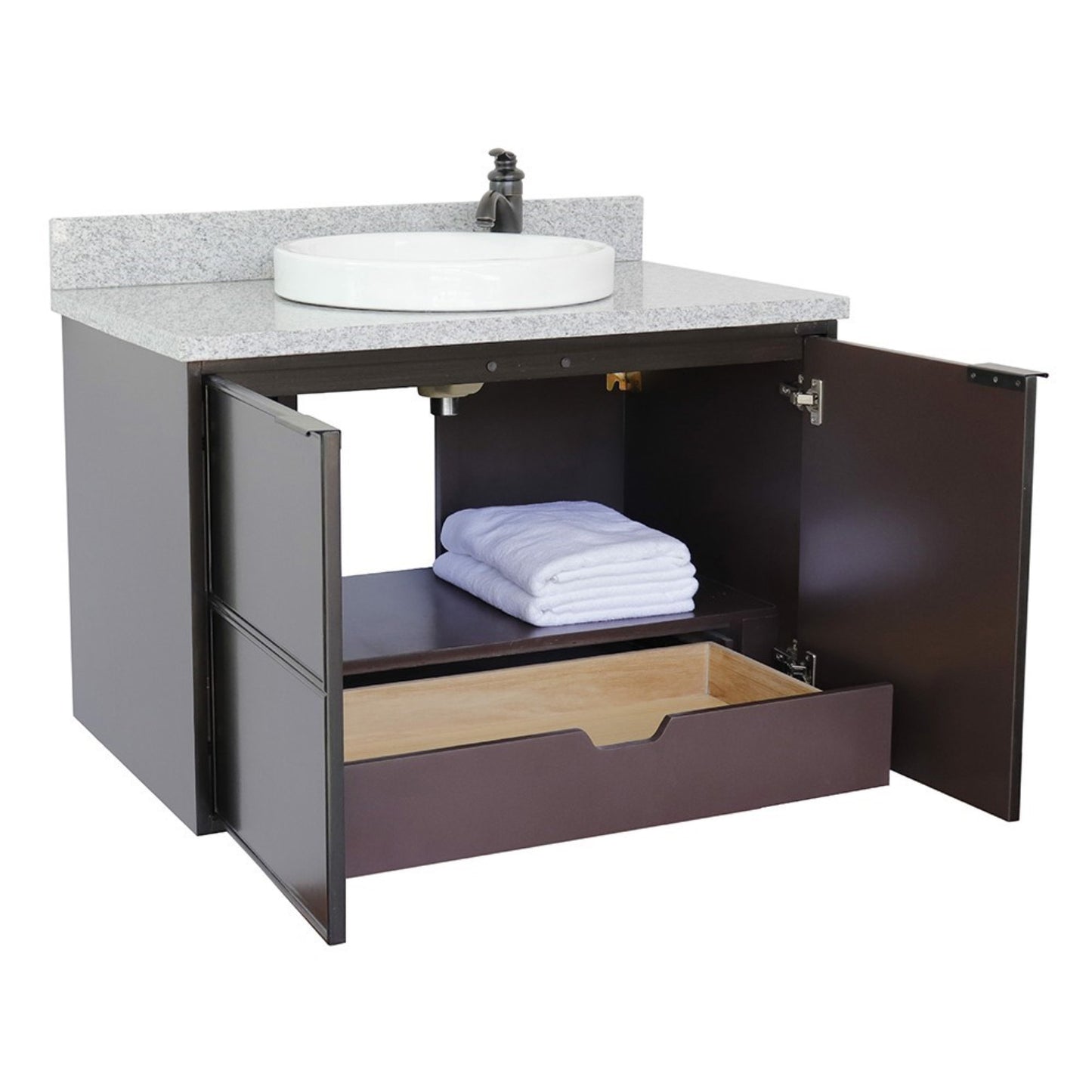 37" Single wall mount vanity in Cappuccino finish with Gray granite top and round sink