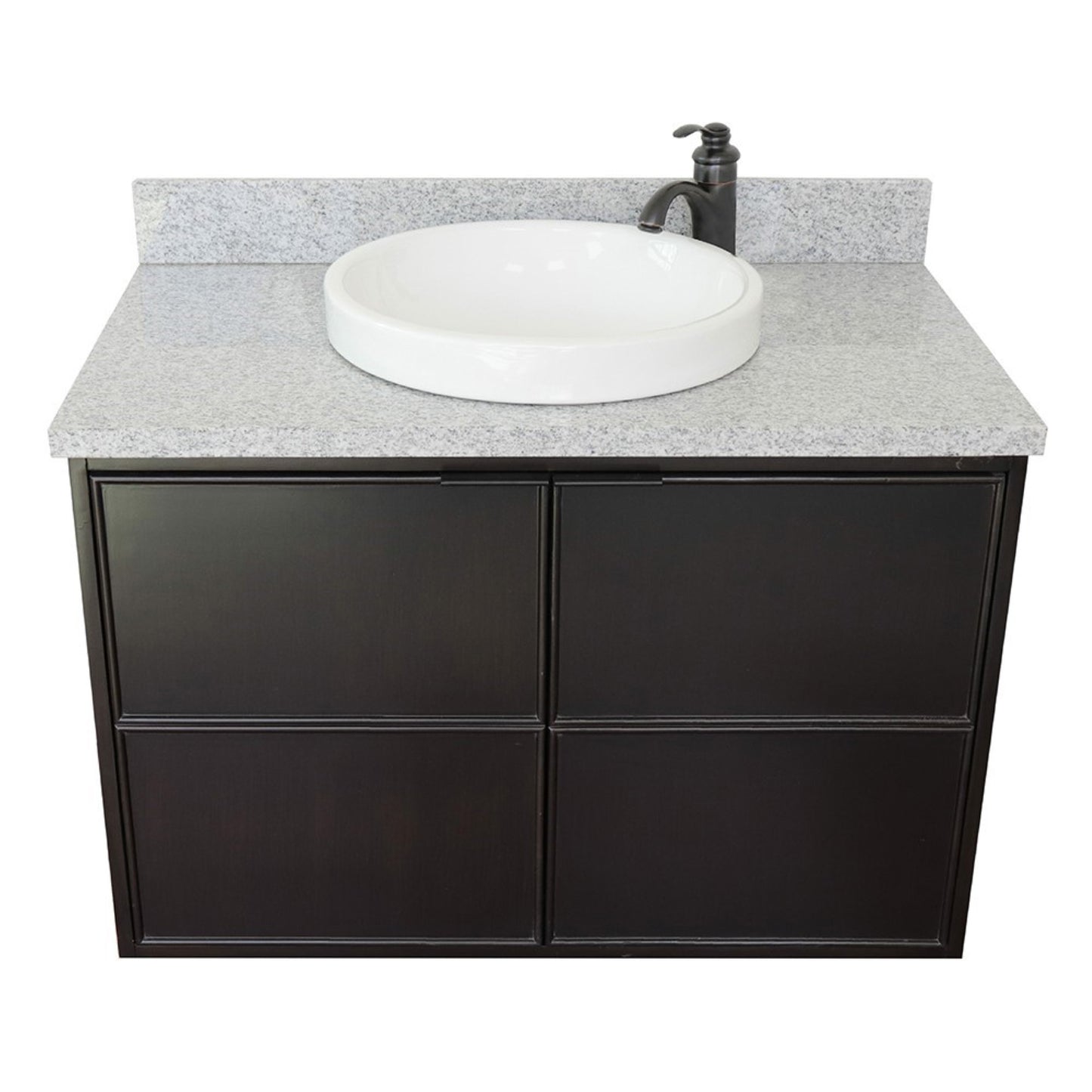 37" Single wall mount vanity in Cappuccino finish with Gray granite top and round sink