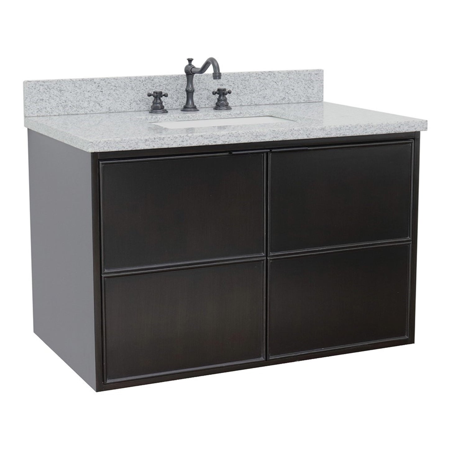 37" Single wall mount vanity in Cappuccino finish with Gray granite top and rectangle sink
