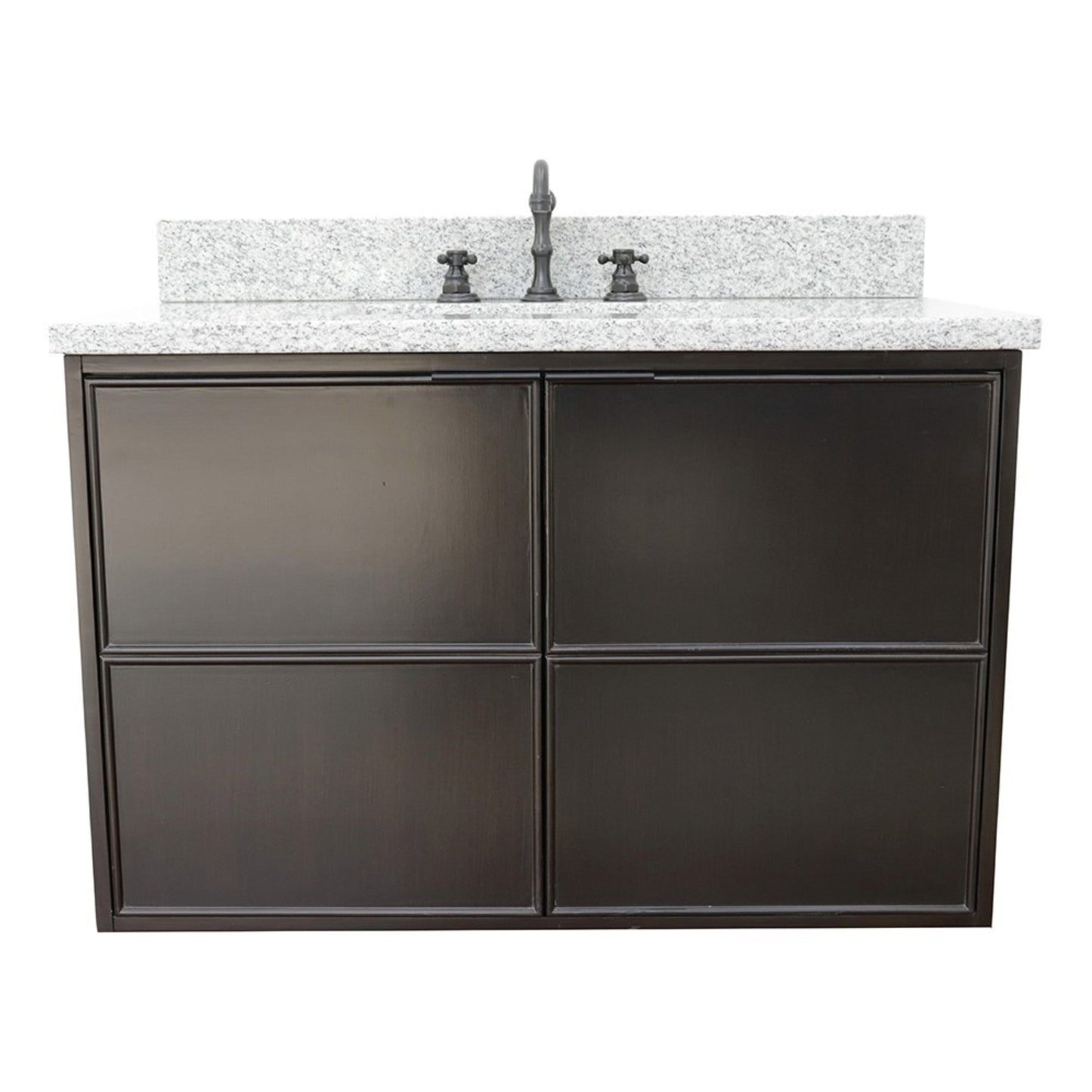 37" Single wall mount vanity in Cappuccino finish with Gray granite top and rectangle sink