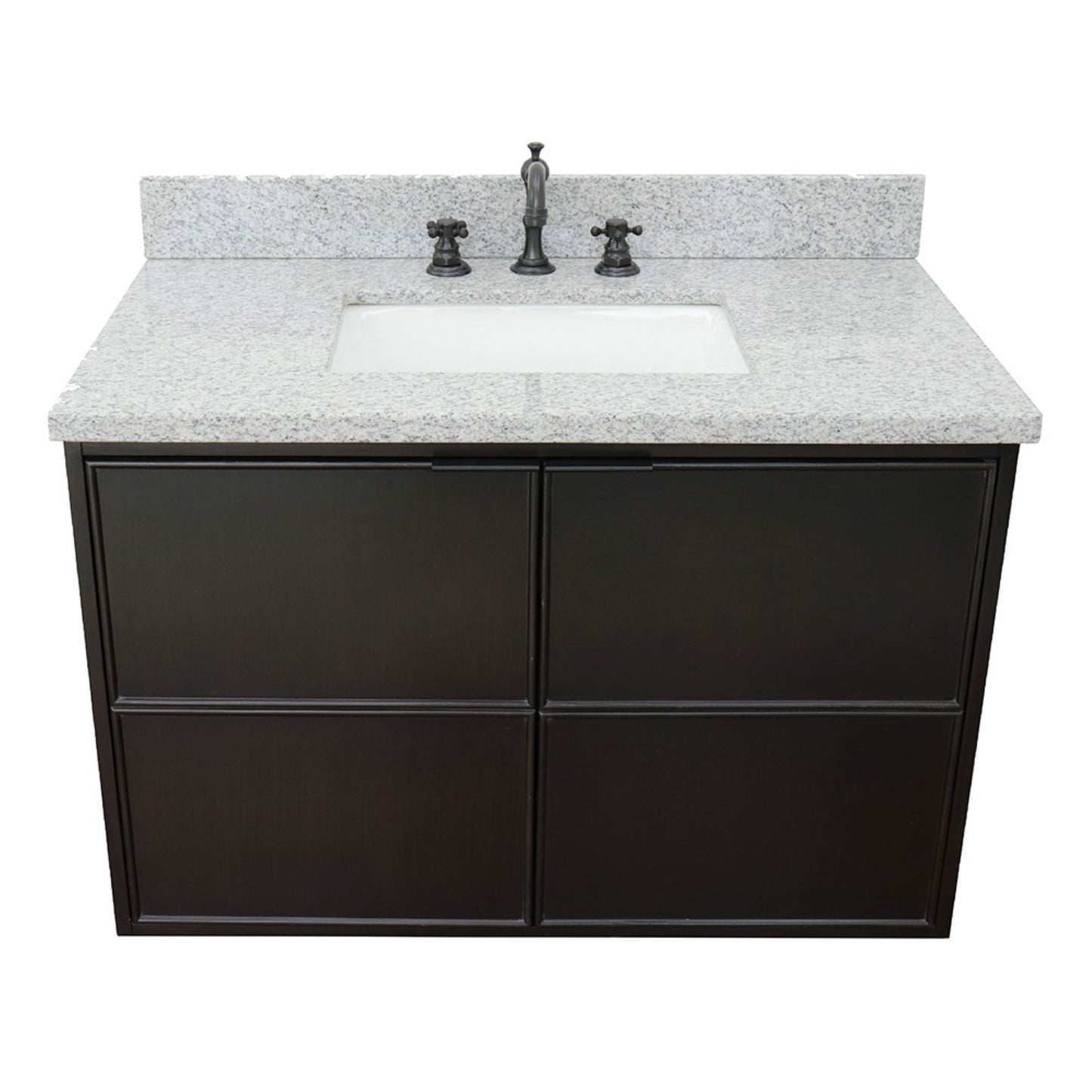 37" Single wall mount vanity in Cappuccino finish with Gray granite top and rectangle sink