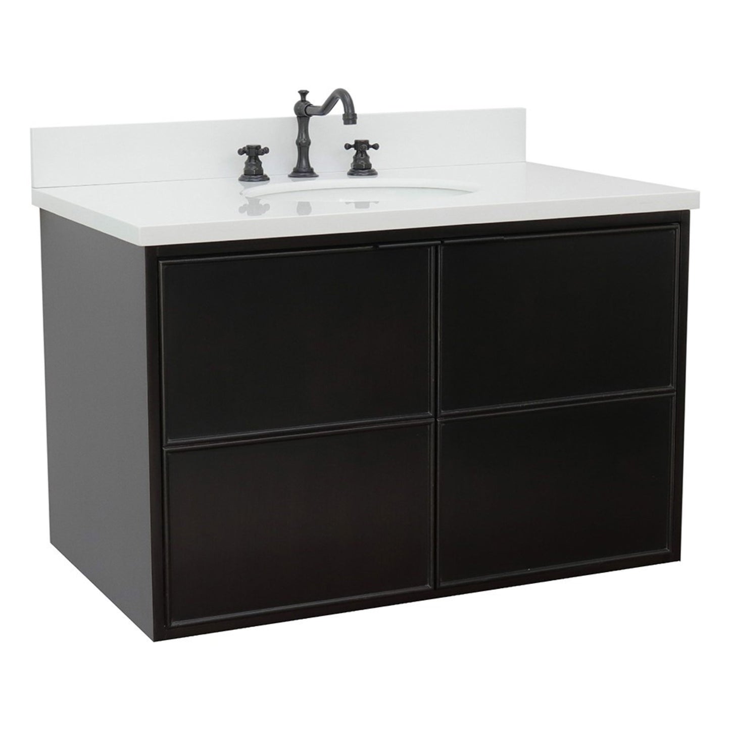37" Single wall mount vanity in Cappuccino finish with White engineered stone top and oval sink