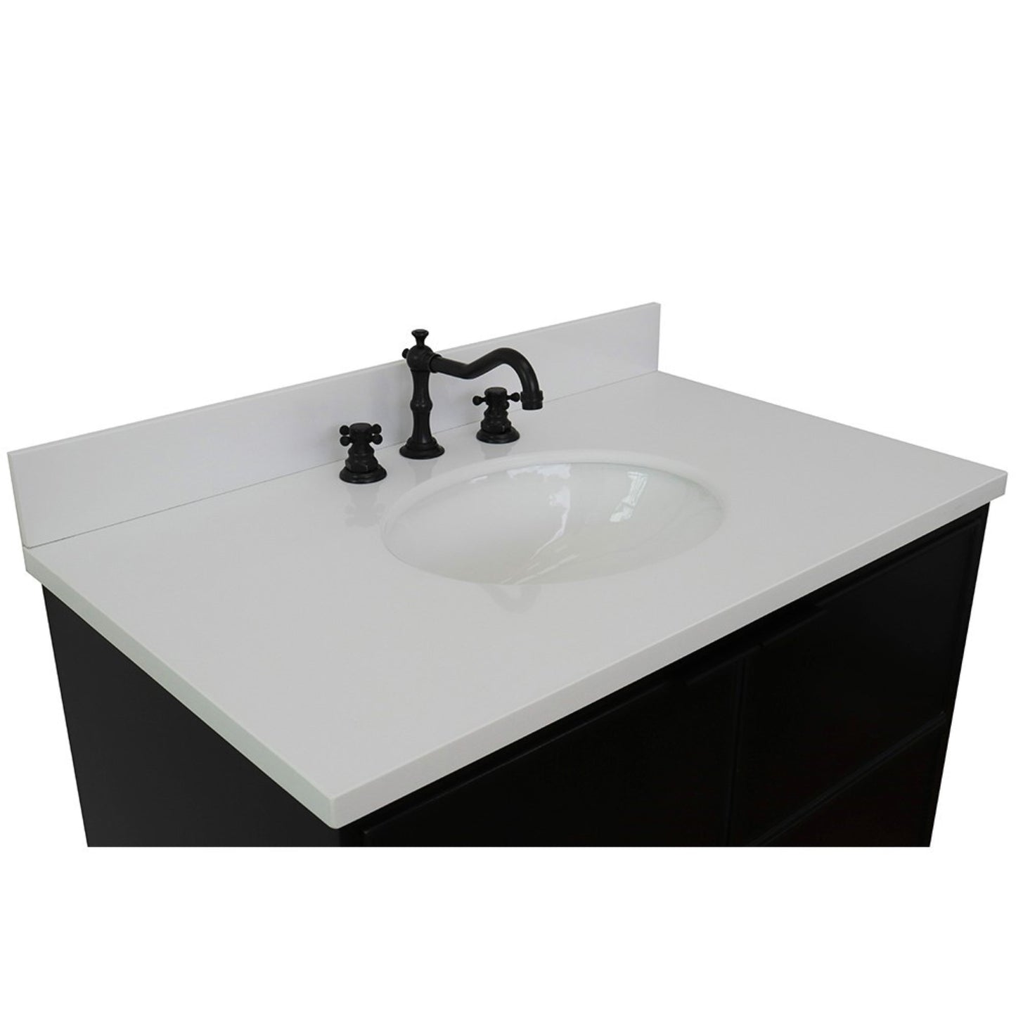 37" Single wall mount vanity in Cappuccino finish with White engineered stone top and oval sink
