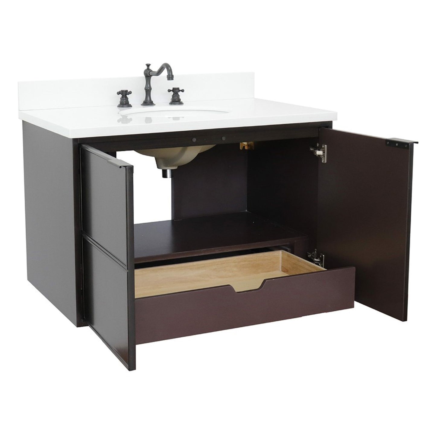 37" Single wall mount vanity in Cappuccino finish with White engineered stone top and oval sink