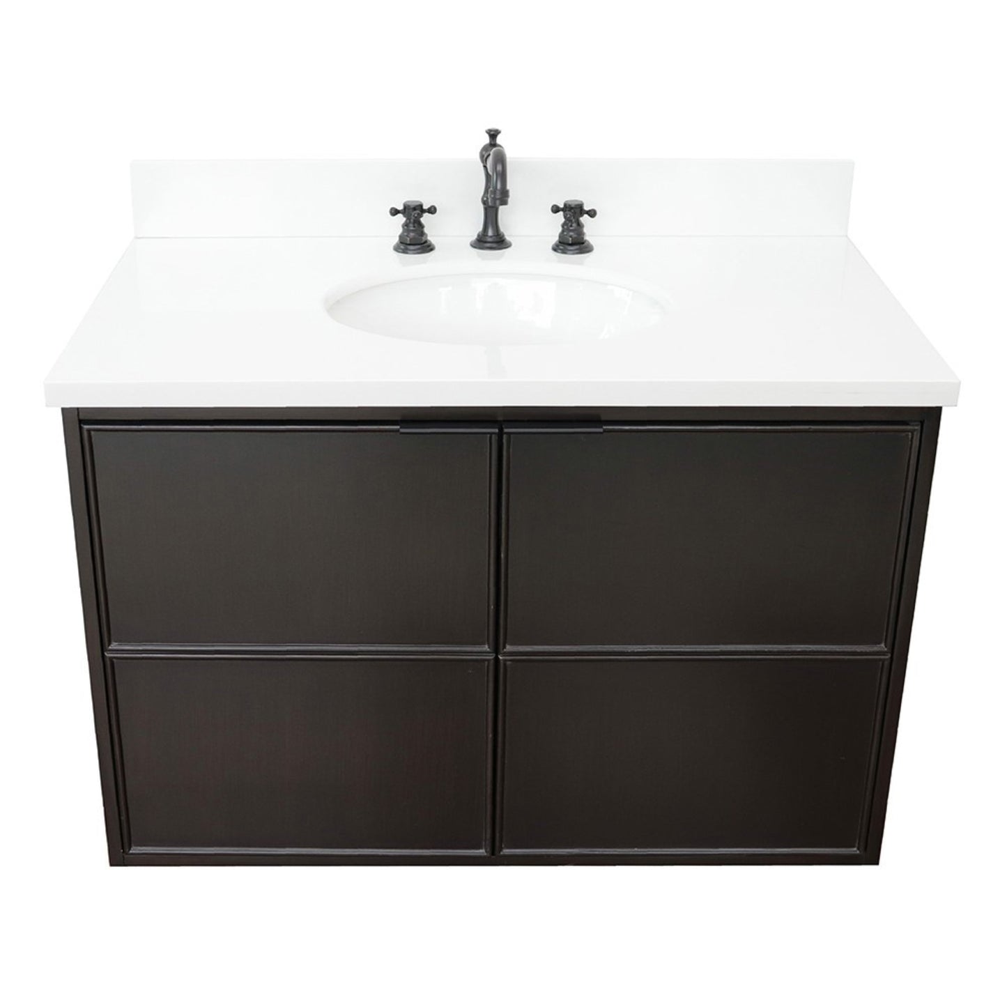 37" Single wall mount vanity in Cappuccino finish with White engineered stone top and oval sink