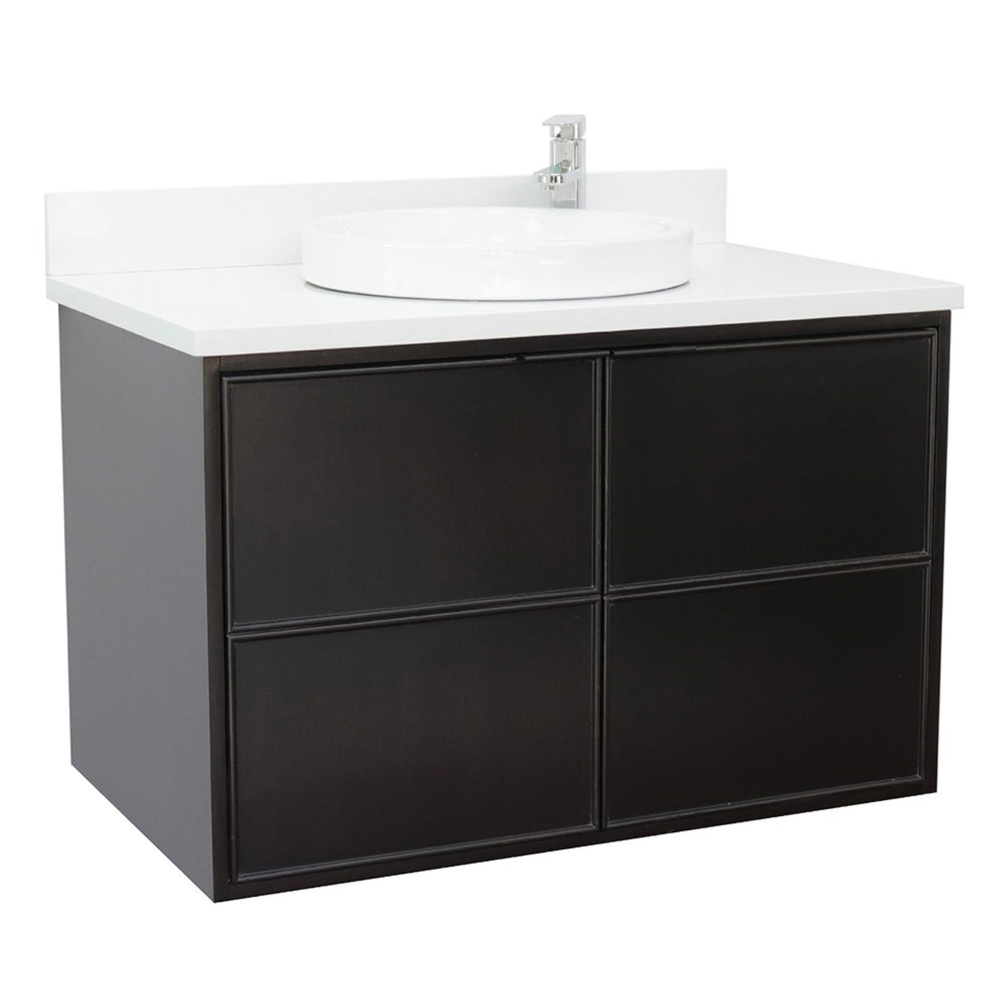 37" Single wall mount vanity in Cappuccino finish with White engineered stone top and round sink