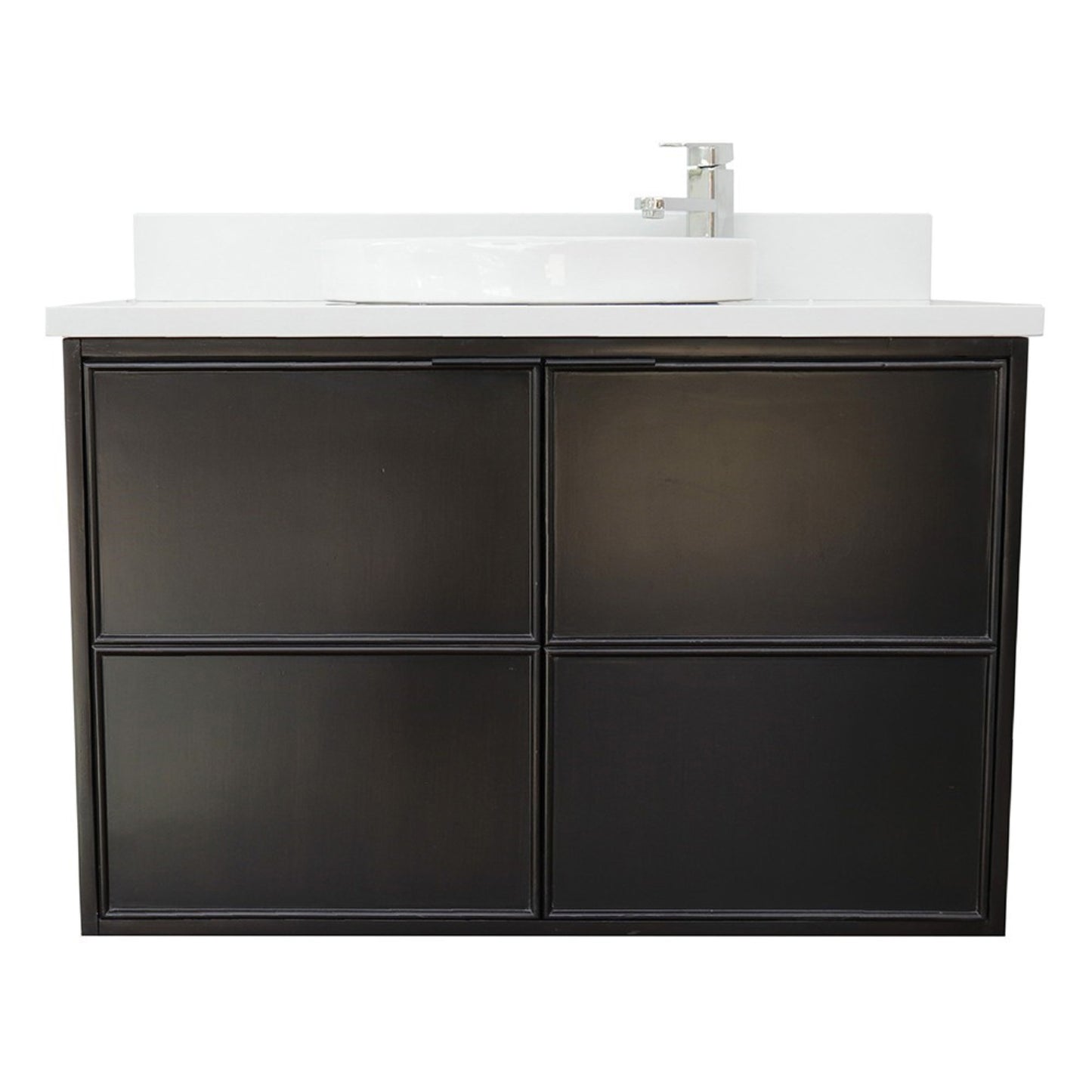 37" Single wall mount vanity in Cappuccino finish with White engineered stone top and round sink