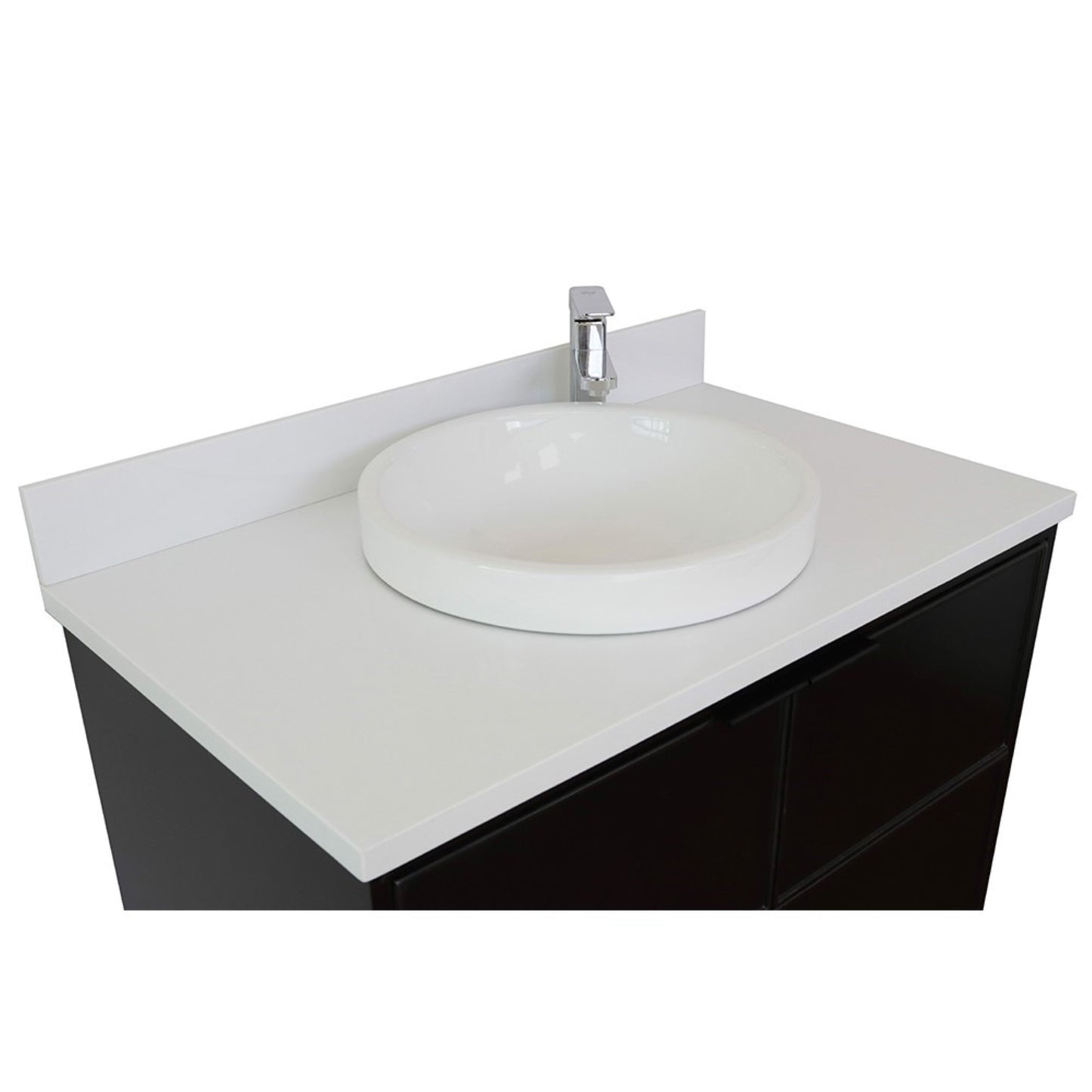37" Single wall mount vanity in Cappuccino finish with White engineered stone top and round sink