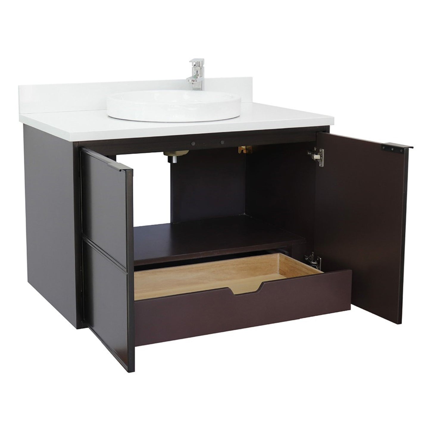 37" Single wall mount vanity in Cappuccino finish with White engineered stone top and round sink