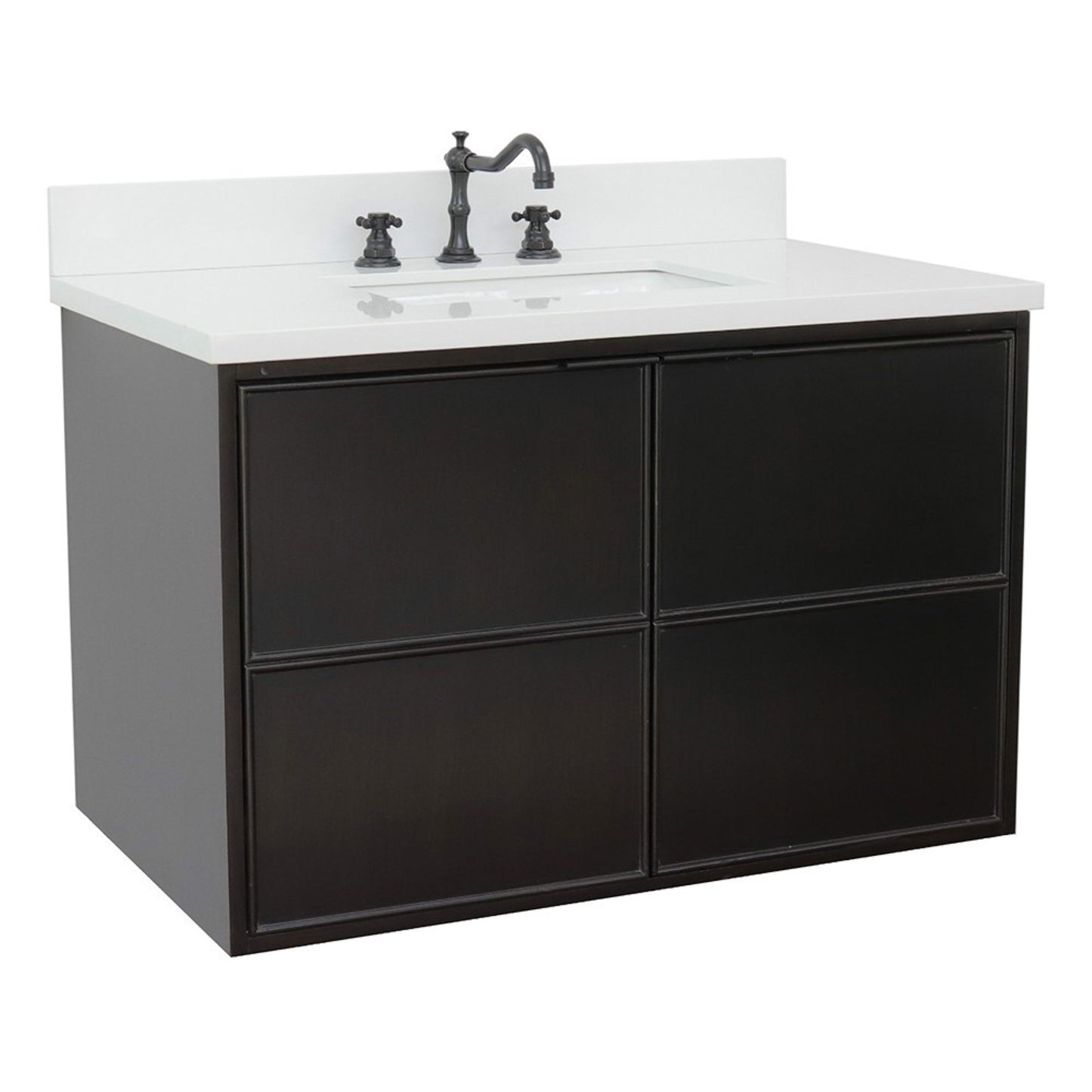 37" Single wall mount vanity in Cappuccino finish with White engineered stone top and rectangle sink
