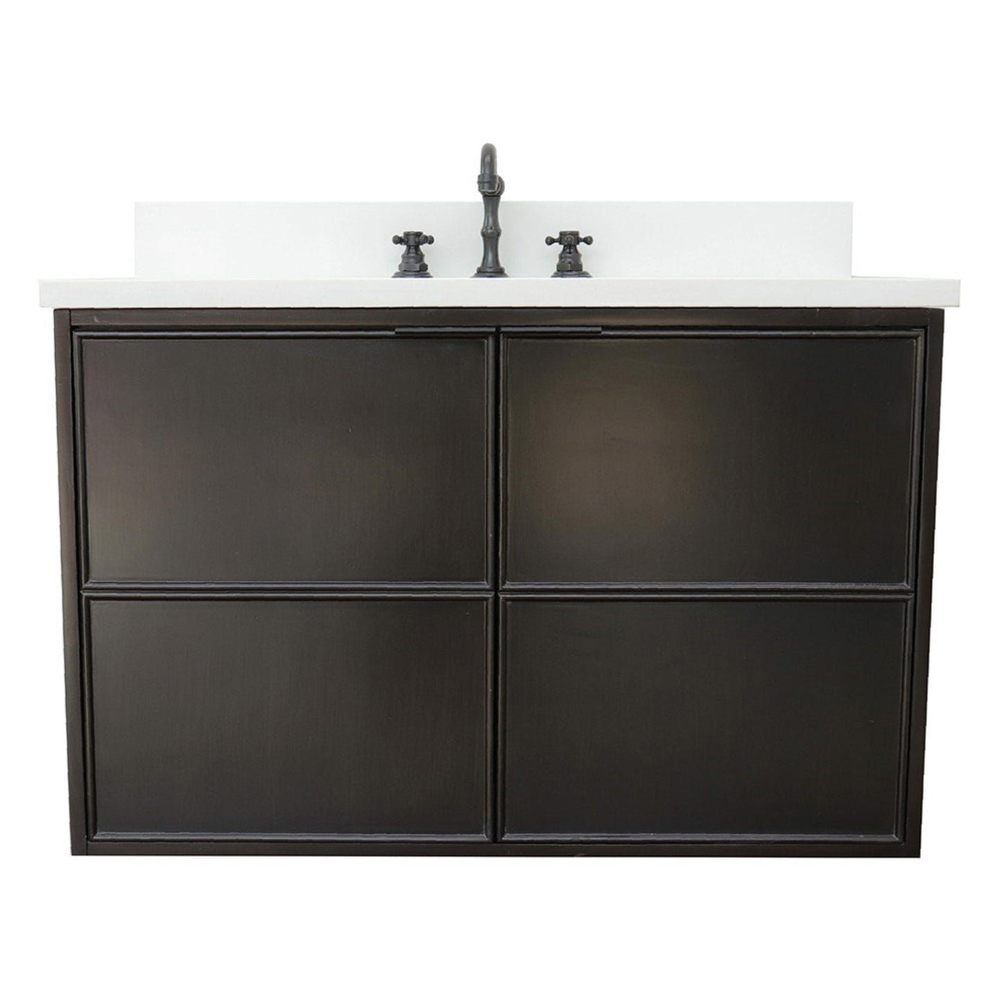 37" Single wall mount vanity in Cappuccino finish with White engineered stone top and rectangle sink