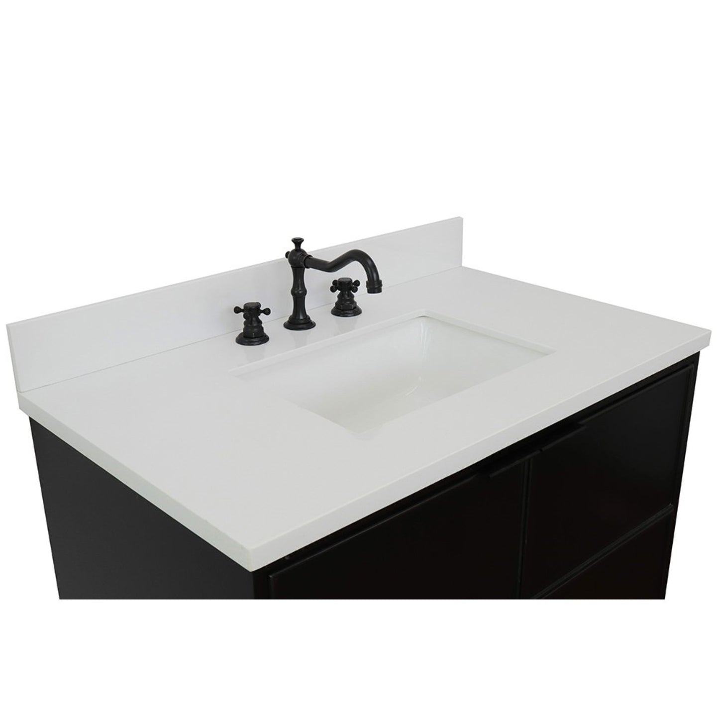 37" Single wall mount vanity in Cappuccino finish with White engineered stone top and rectangle sink