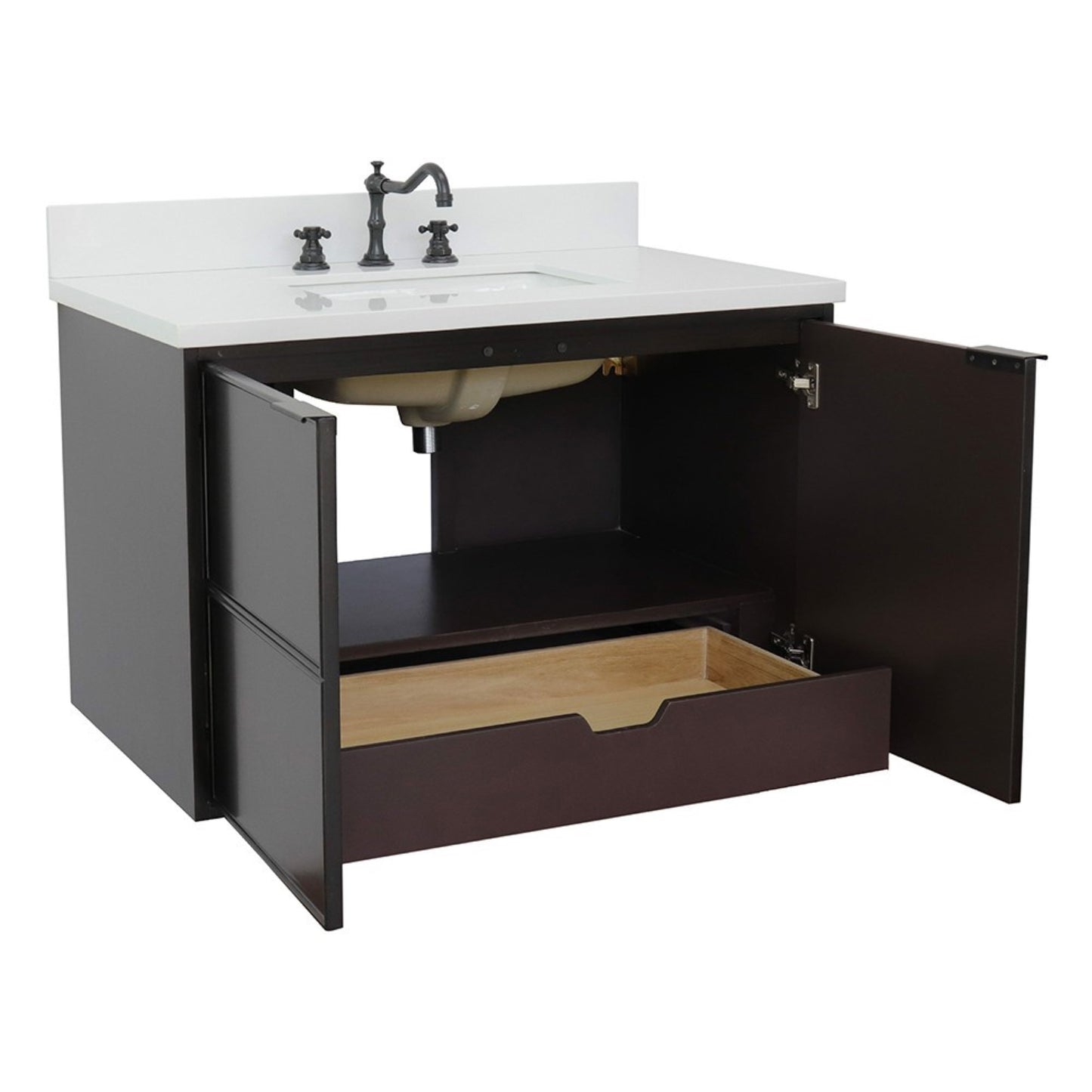 37" Single wall mount vanity in Cappuccino finish with White engineered stone top and rectangle sink