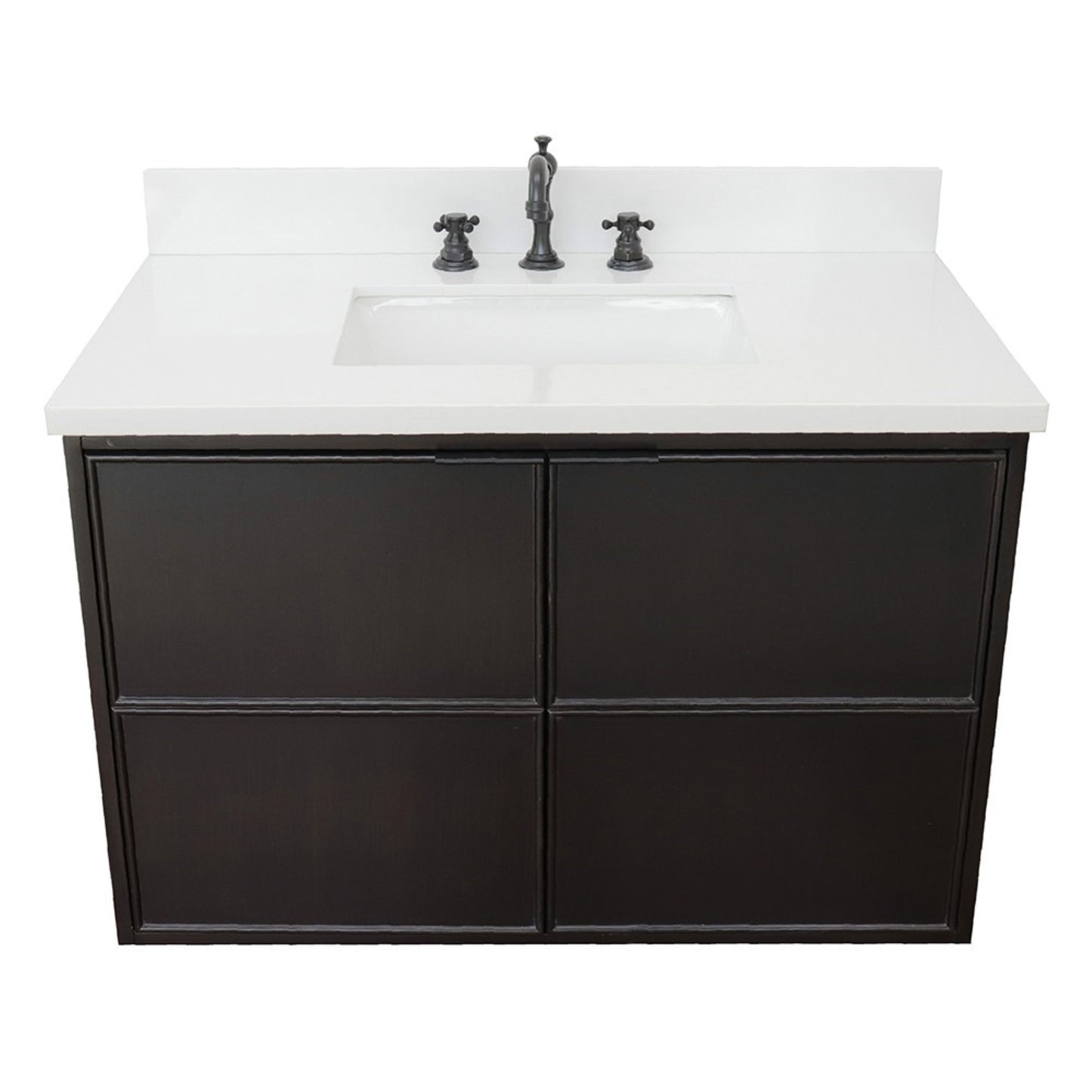 37" Single wall mount vanity in Cappuccino finish with White engineered stone top and rectangle sink