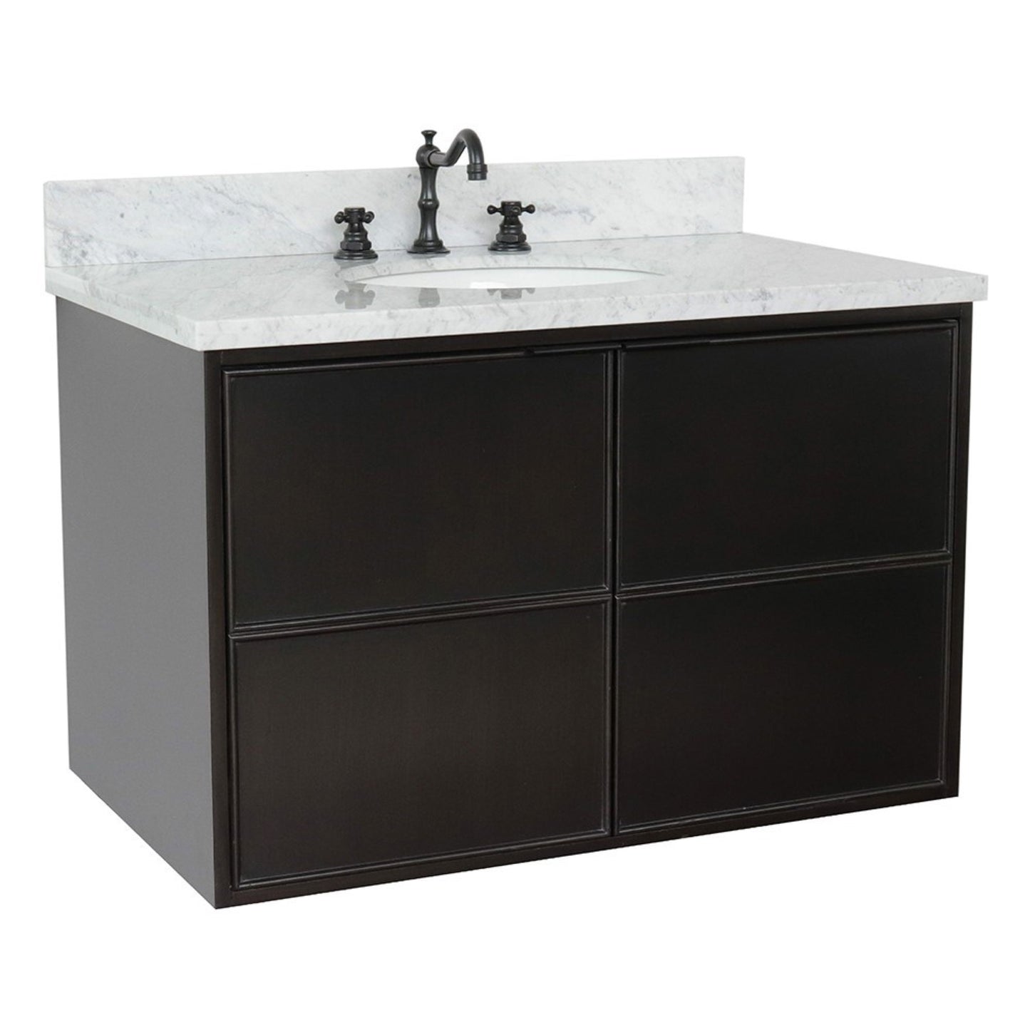 37" Single wall mount vanity in Cappuccino finish with White Carrara top and oval sink