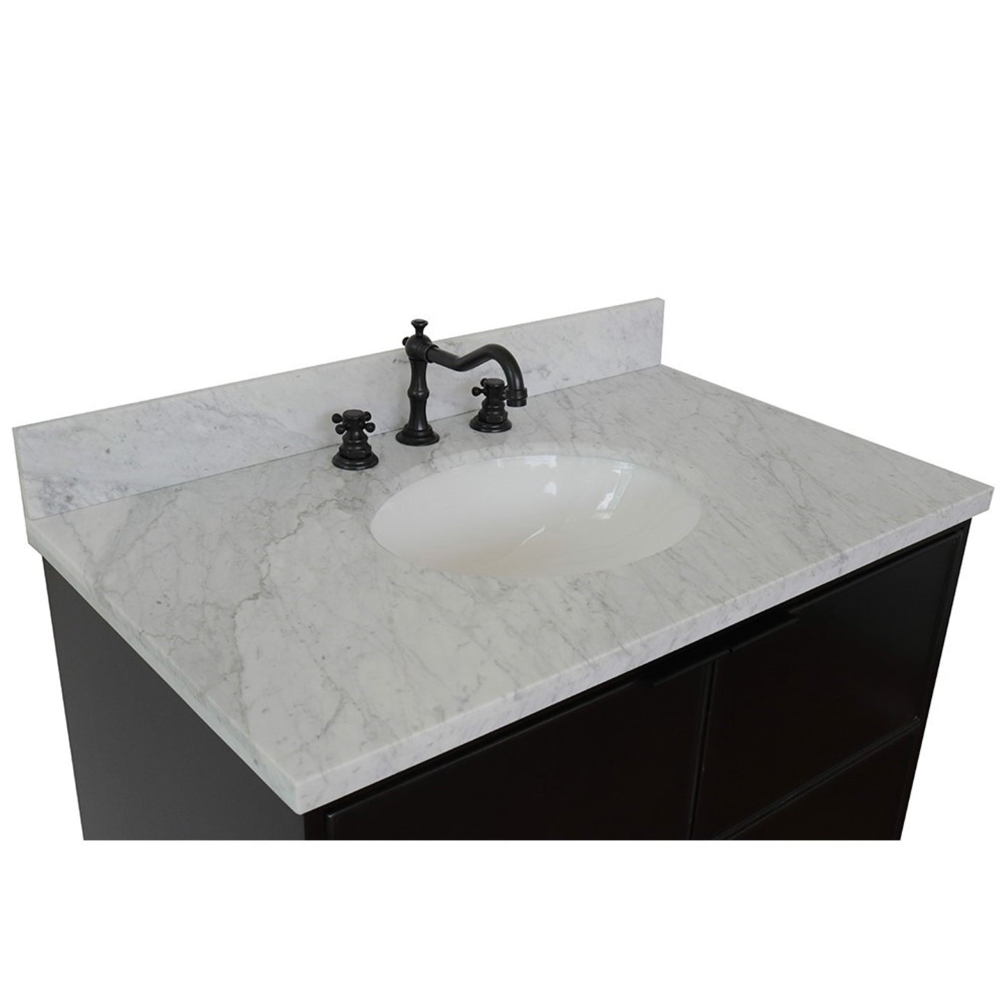 37" Single wall mount vanity in Cappuccino finish with White Carrara top and oval sink