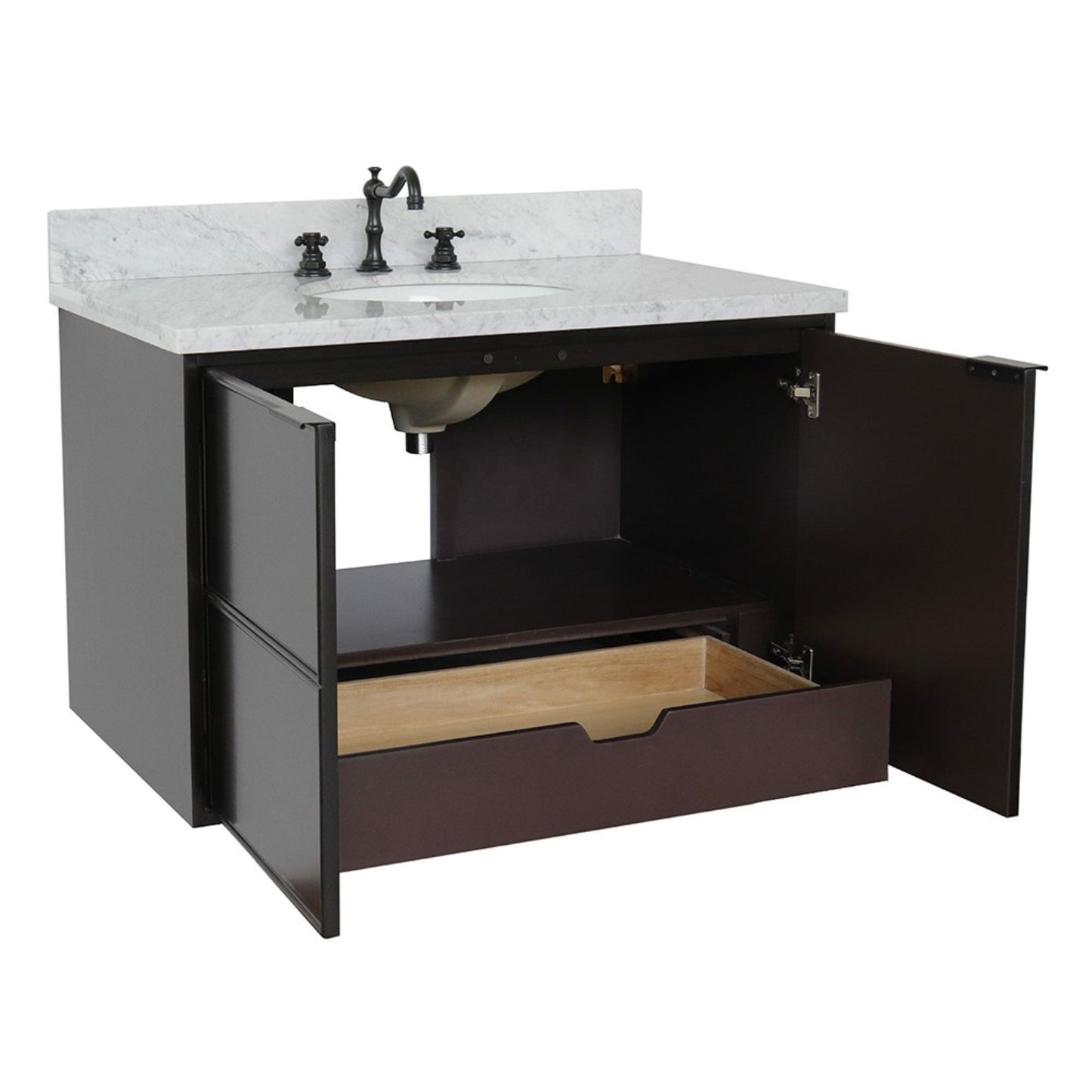 37" Single wall mount vanity in Cappuccino finish with White Carrara top and oval sink