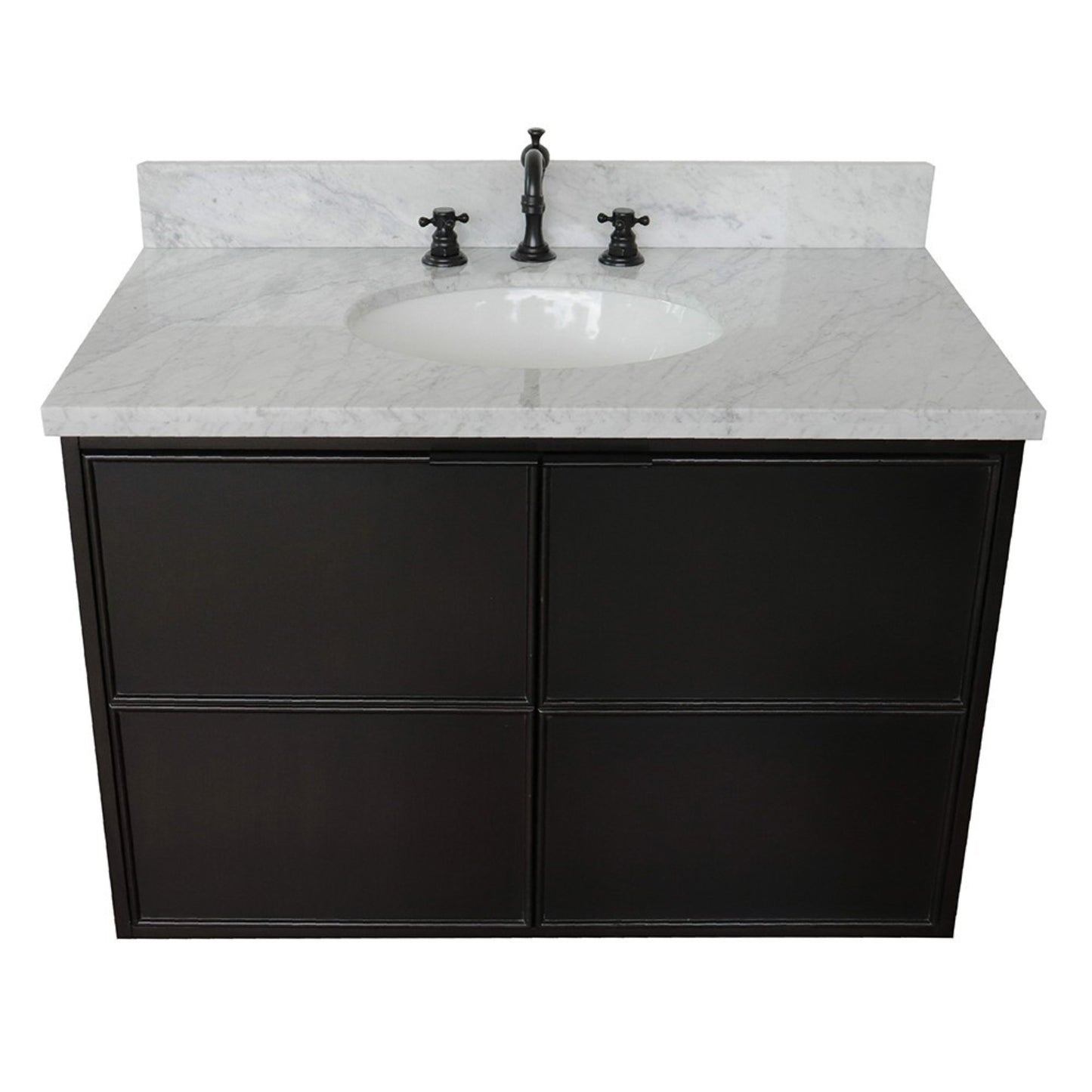 37" Single wall mount vanity in Cappuccino finish with White Carrara top and oval sink