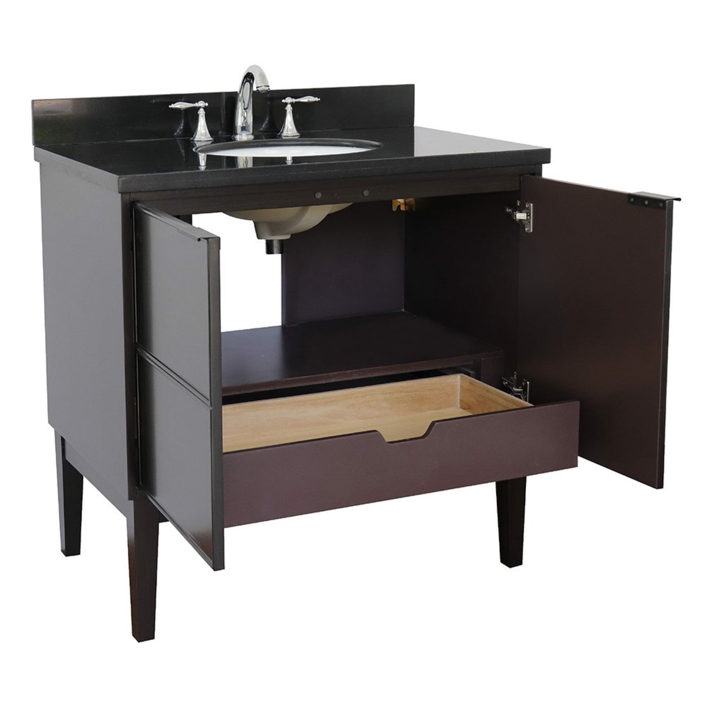 37" Single vanity in Cappuccino finish with Black Galaxy top and oval sink