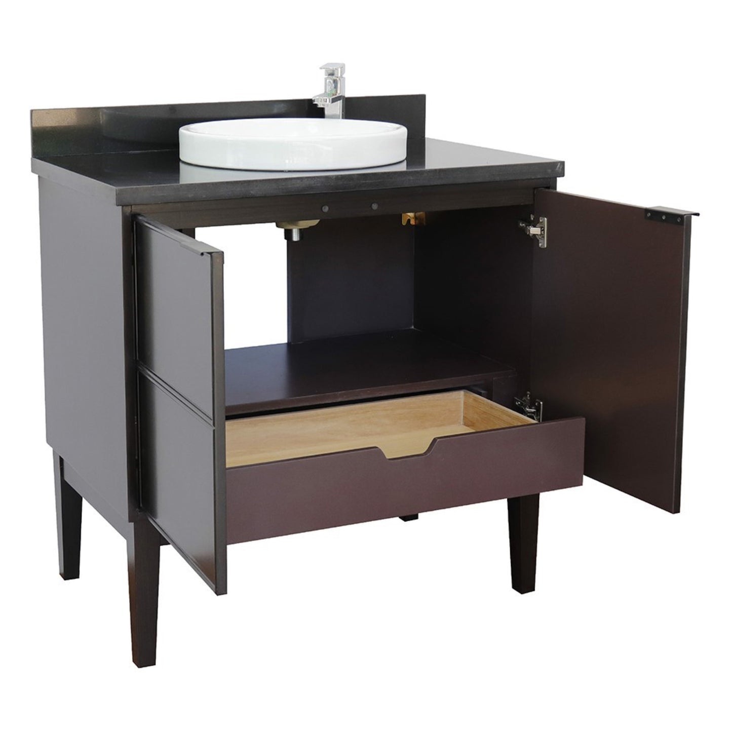 37" Single vanity in Cappuccino finish with Black Galaxy top and round sink