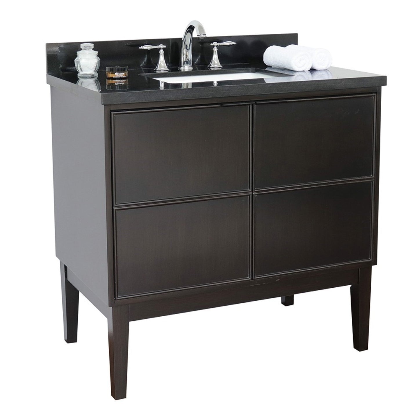 37" Single vanity in Cappuccino finish with Black Galaxy top and rectangle sink