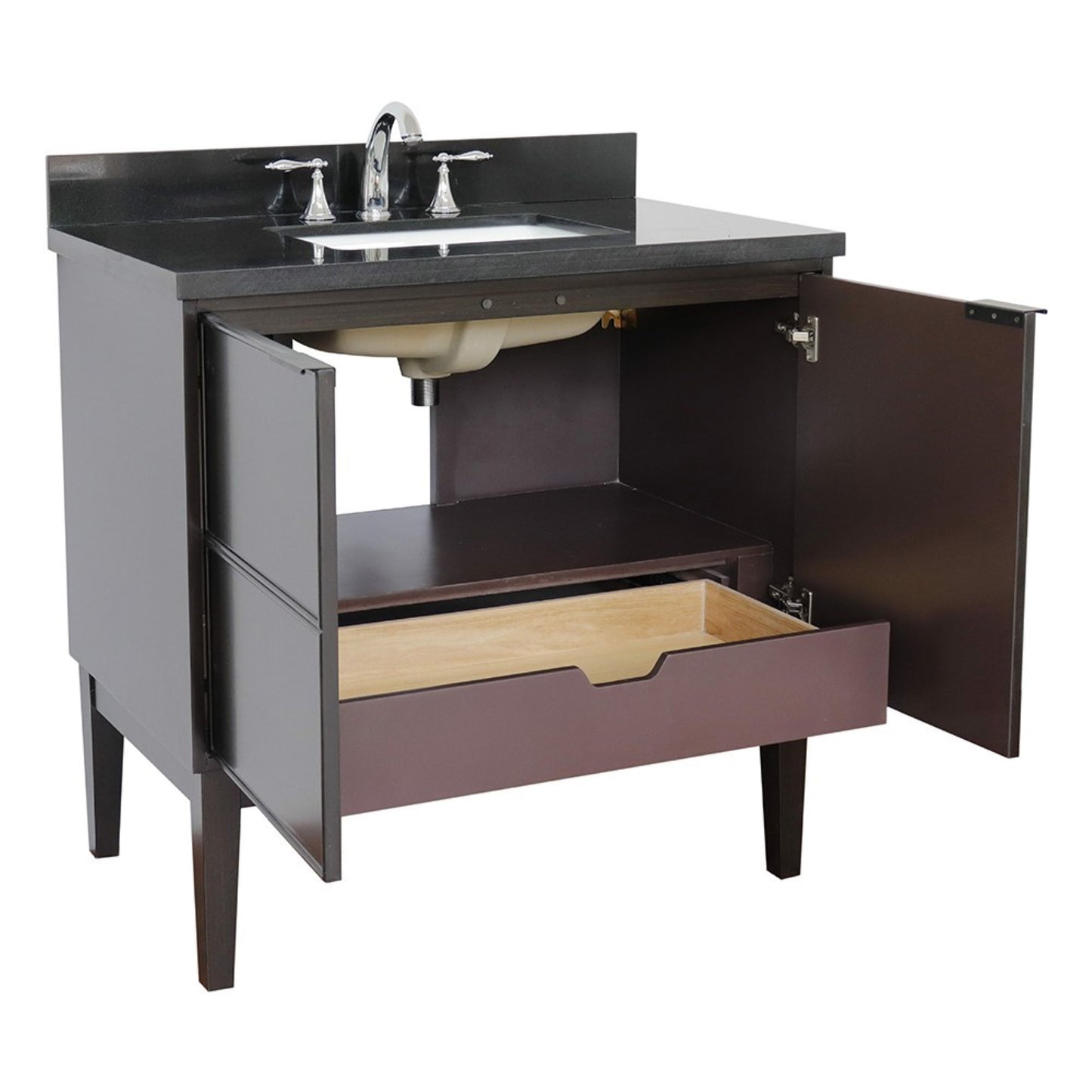 37" Single vanity in Cappuccino finish with Black Galaxy top and rectangle sink