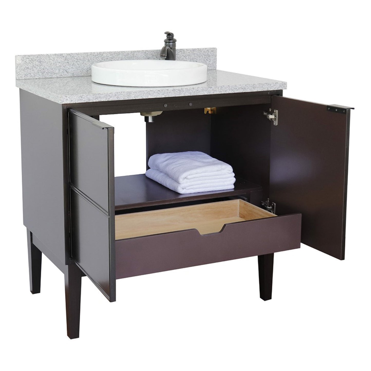 37" Single vanity in Cappuccino finish with Gray granite top and round sink