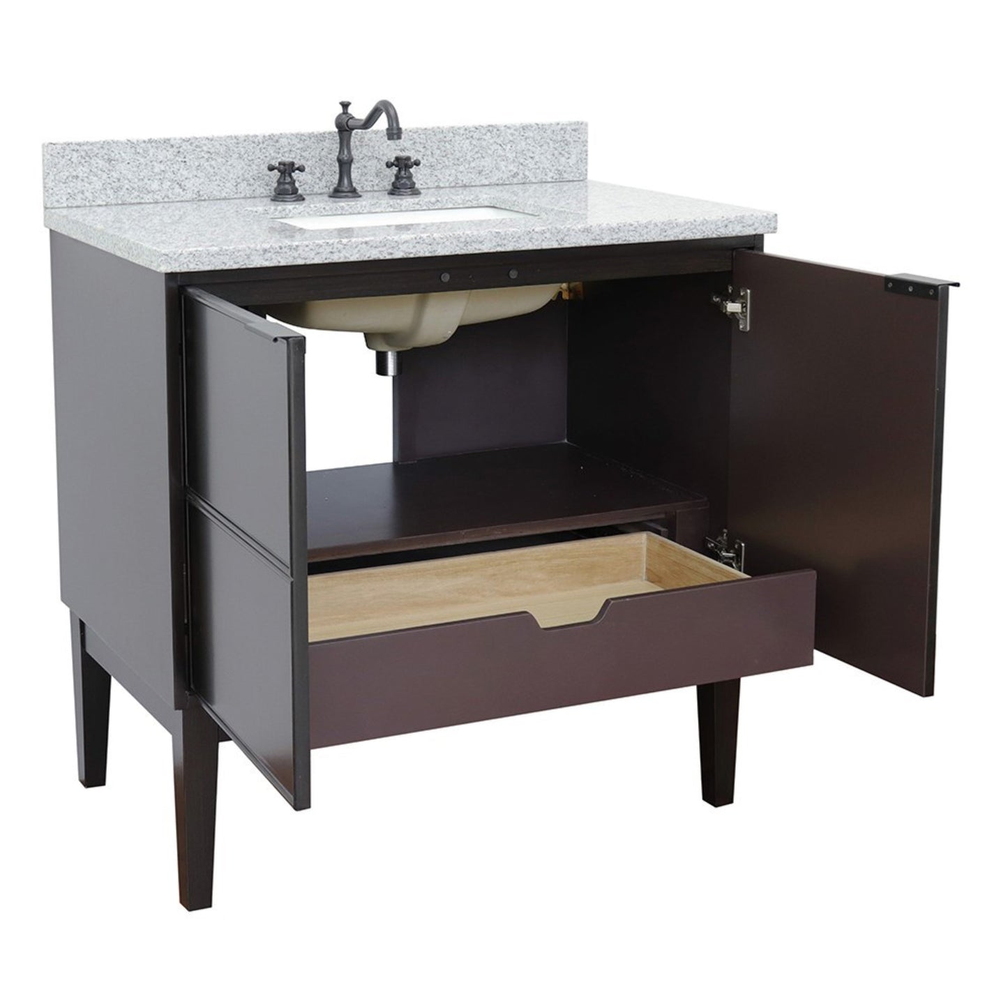 37" Single vanity in Cappuccino finish with Gray granite top and rectangle sink