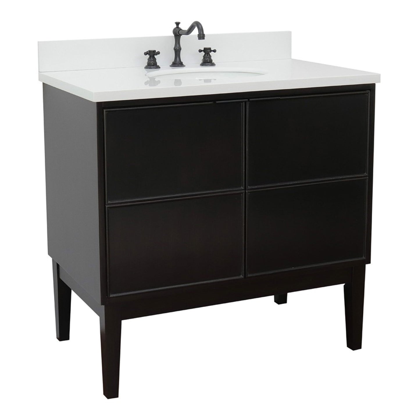 37" Single vanity in Cappuccino finish with White engineered stone top and oval sink