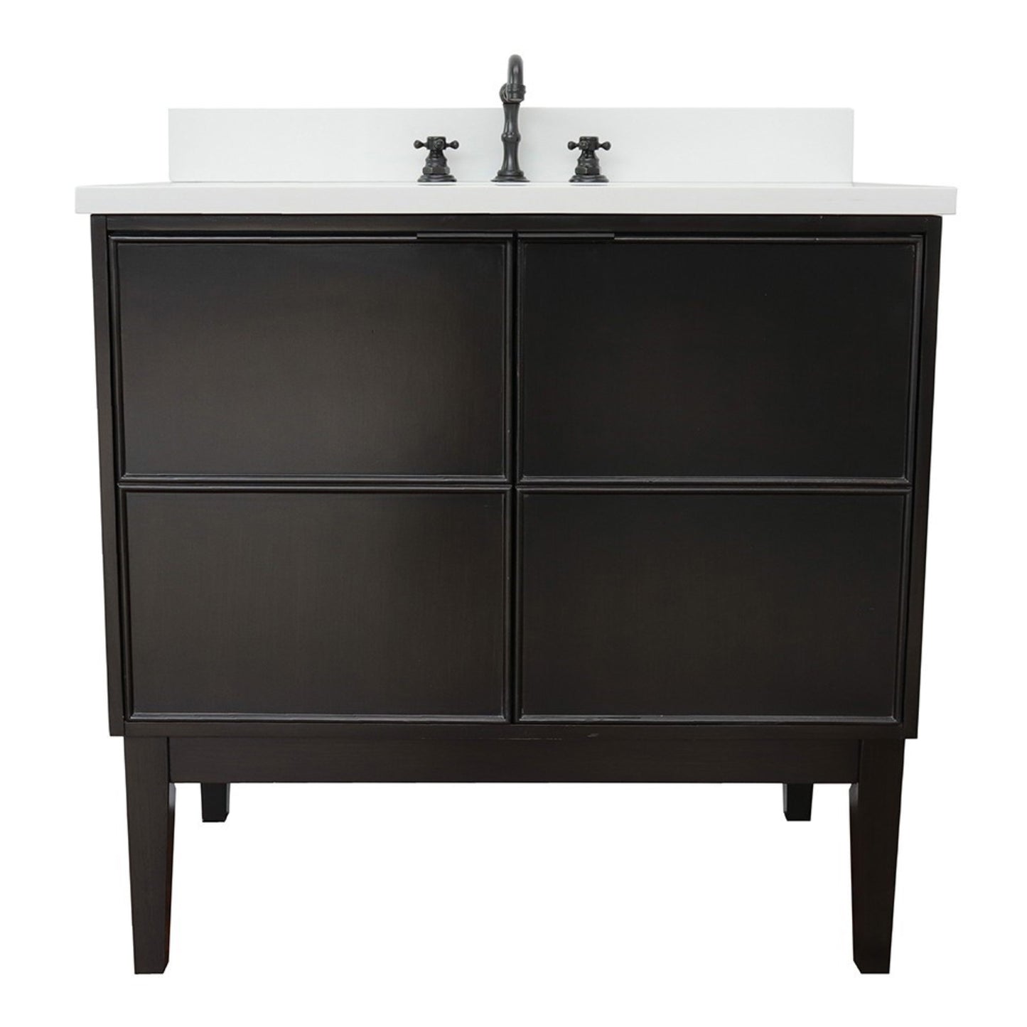 37" Single vanity in Cappuccino finish with White engineered stone top and oval sink
