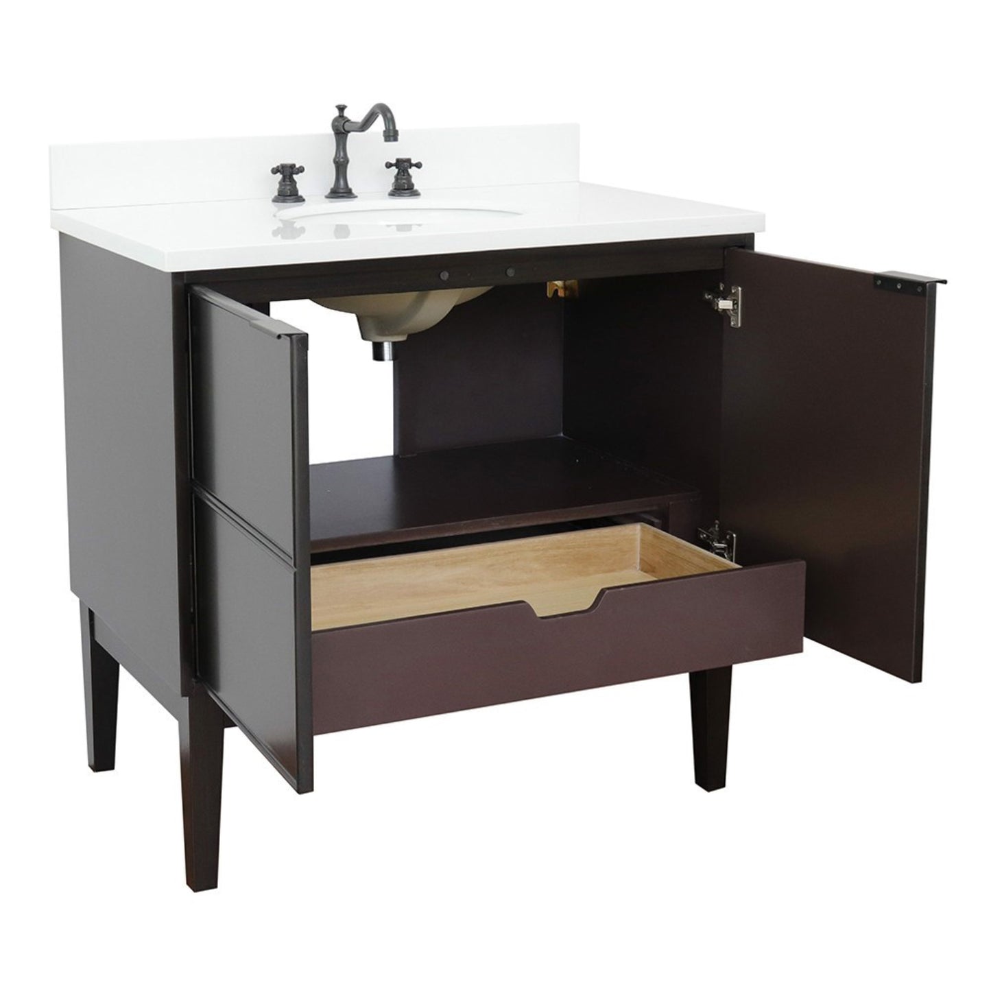 37" Single vanity in Cappuccino finish with White engineered stone top and oval sink