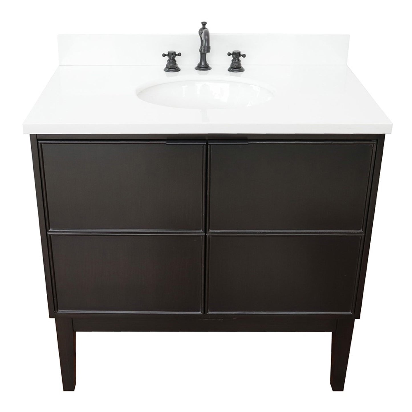 37" Single vanity in Cappuccino finish with White engineered stone top and oval sink
