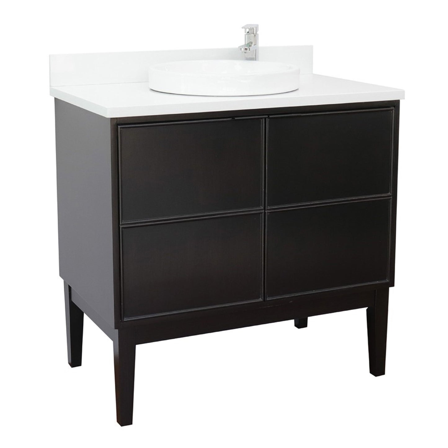 37" Single vanity in Cappuccino finish with White engineered stone top and round sink
