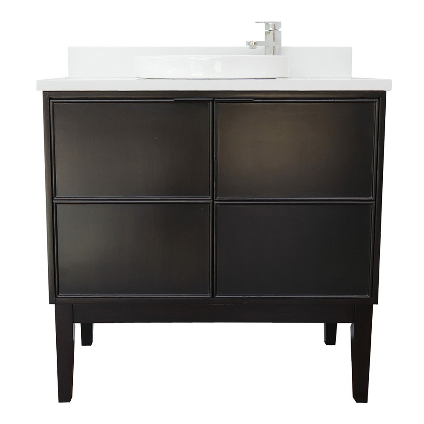 37" Single vanity in Cappuccino finish with White engineered stone top and round sink