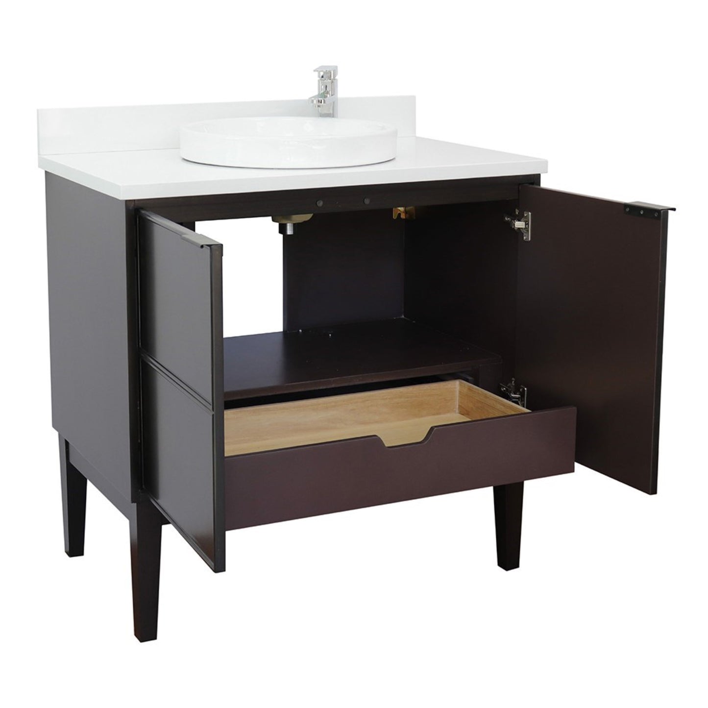 37" Single vanity in Cappuccino finish with White engineered stone top and round sink