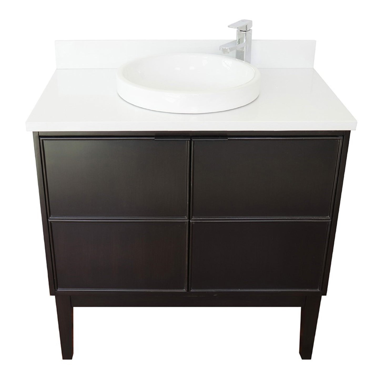 37" Single vanity in Cappuccino finish with White engineered stone top and round sink