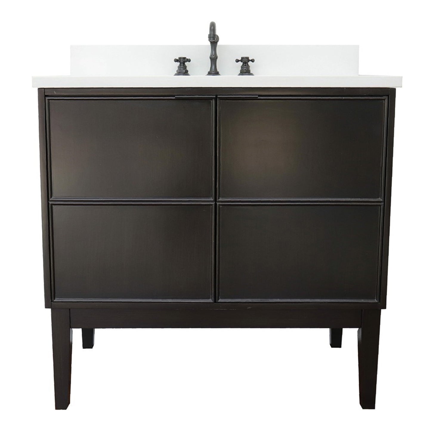 37" Single vanity in Cappuccino finish with White engineered stone top and rectangle sink
