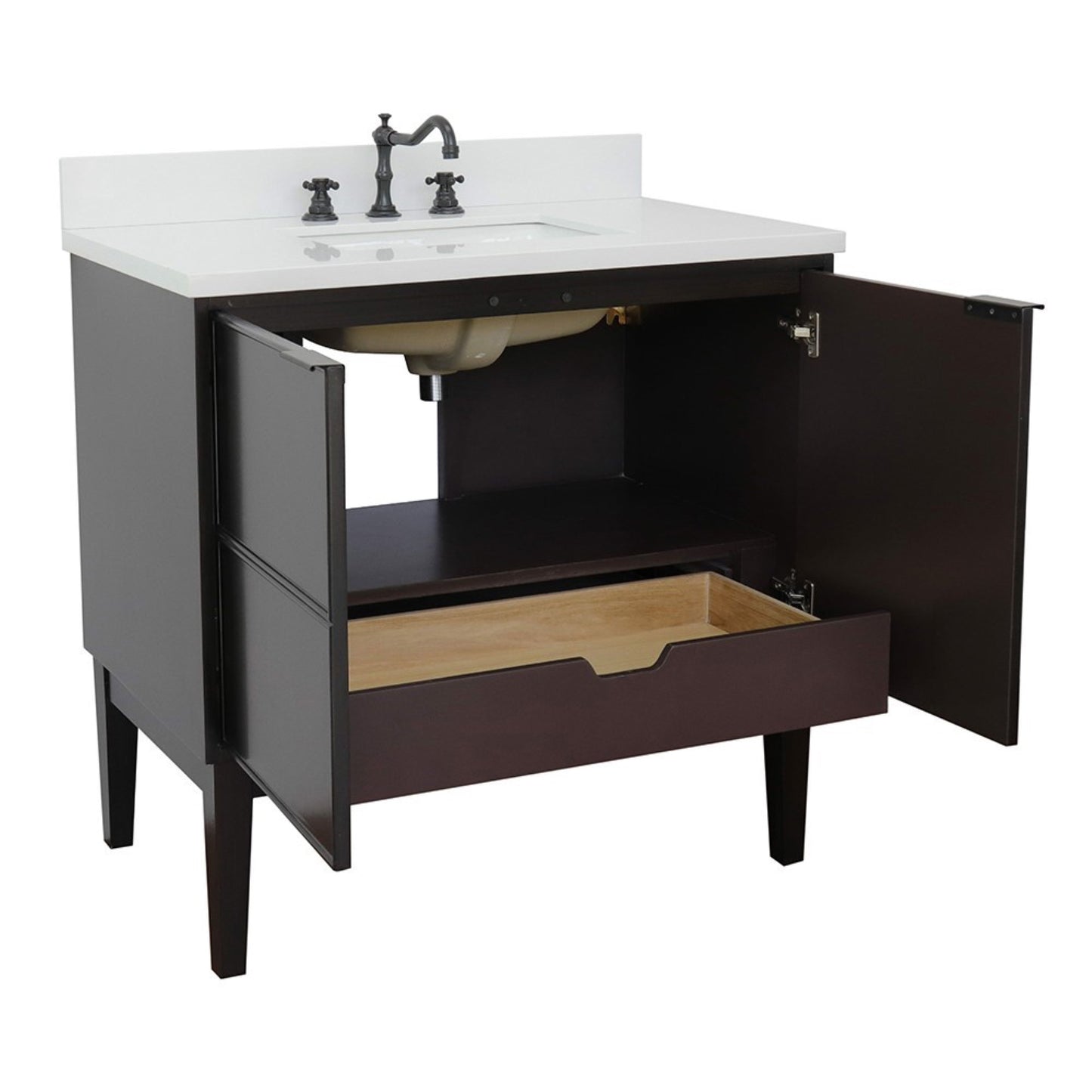 37" Single vanity in Cappuccino finish with White engineered stone top and rectangle sink