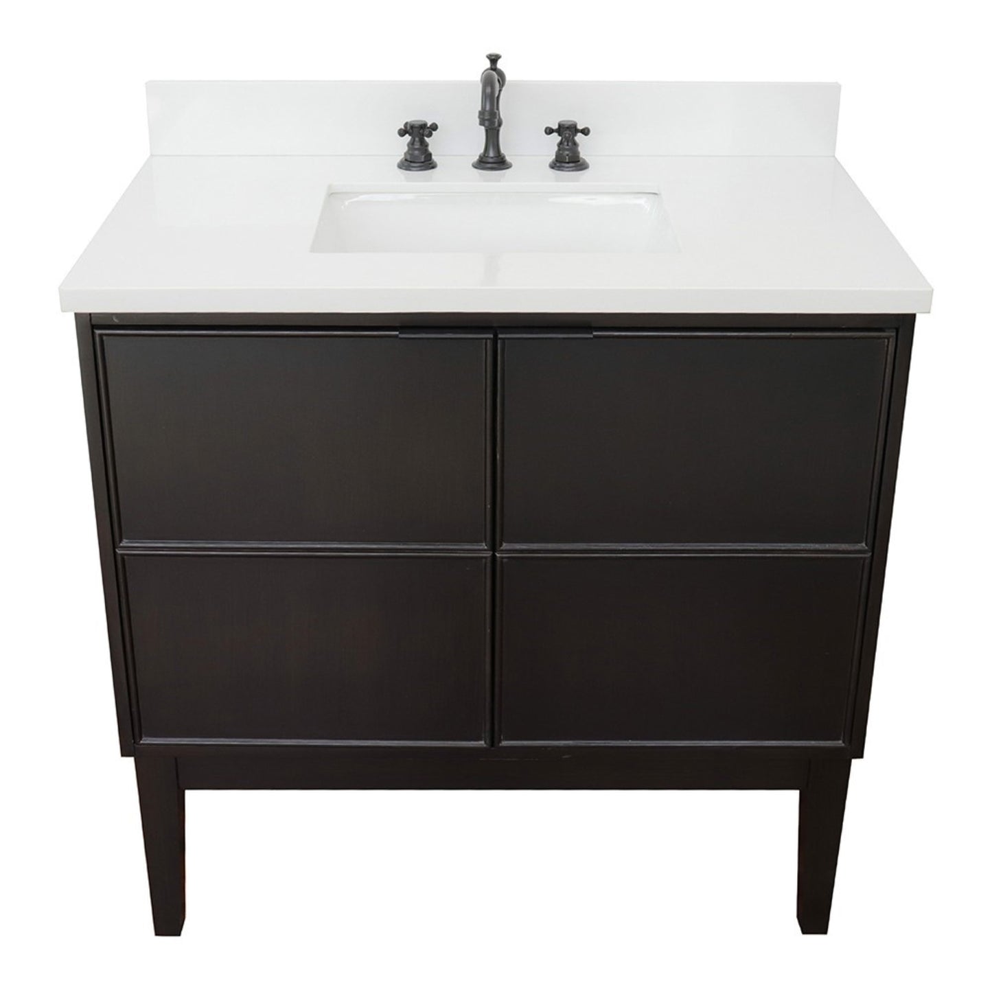 37" Single vanity in Cappuccino finish with White engineered stone top and rectangle sink