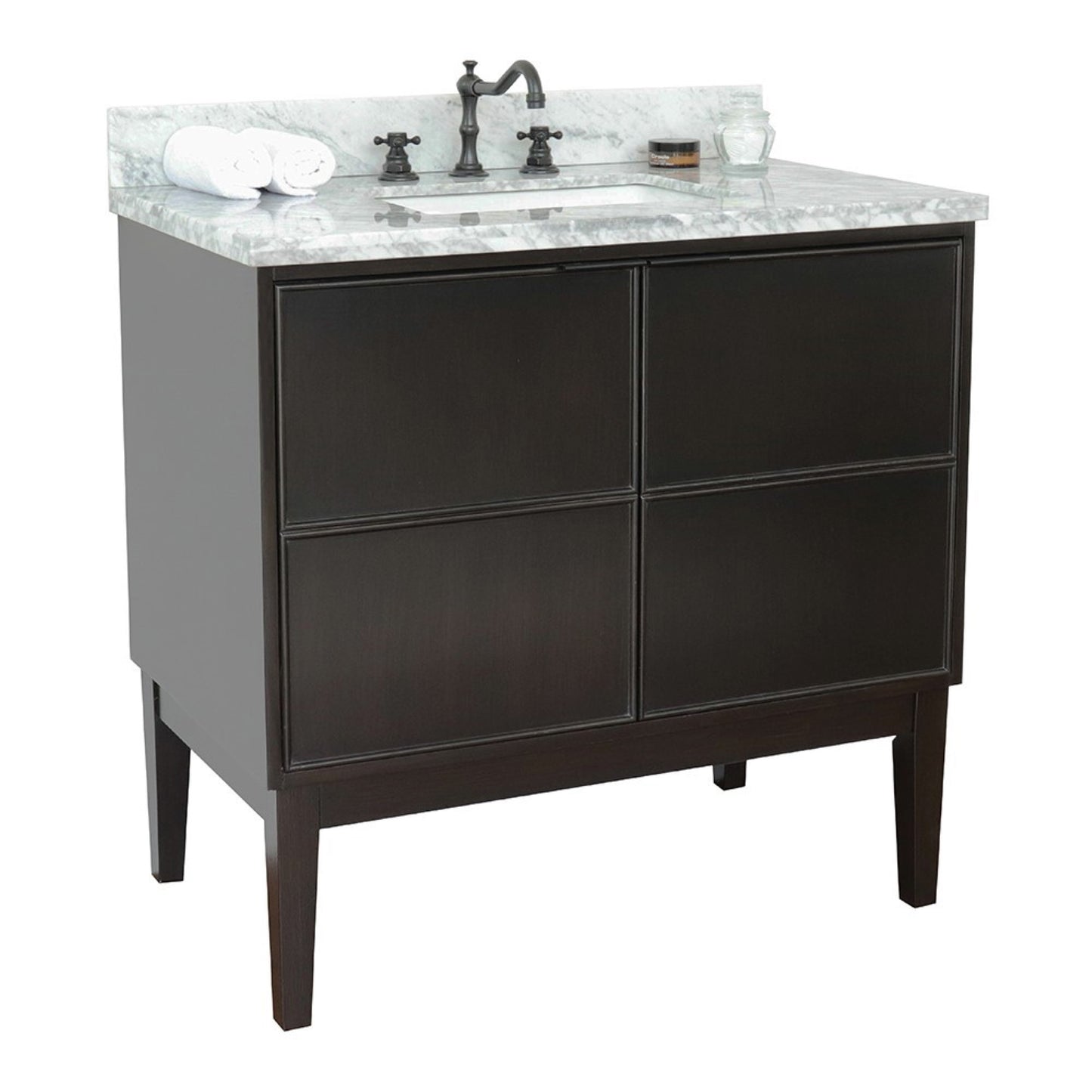 37" Single vanity in Cappuccino finish with White Carrara top and rectangle sink