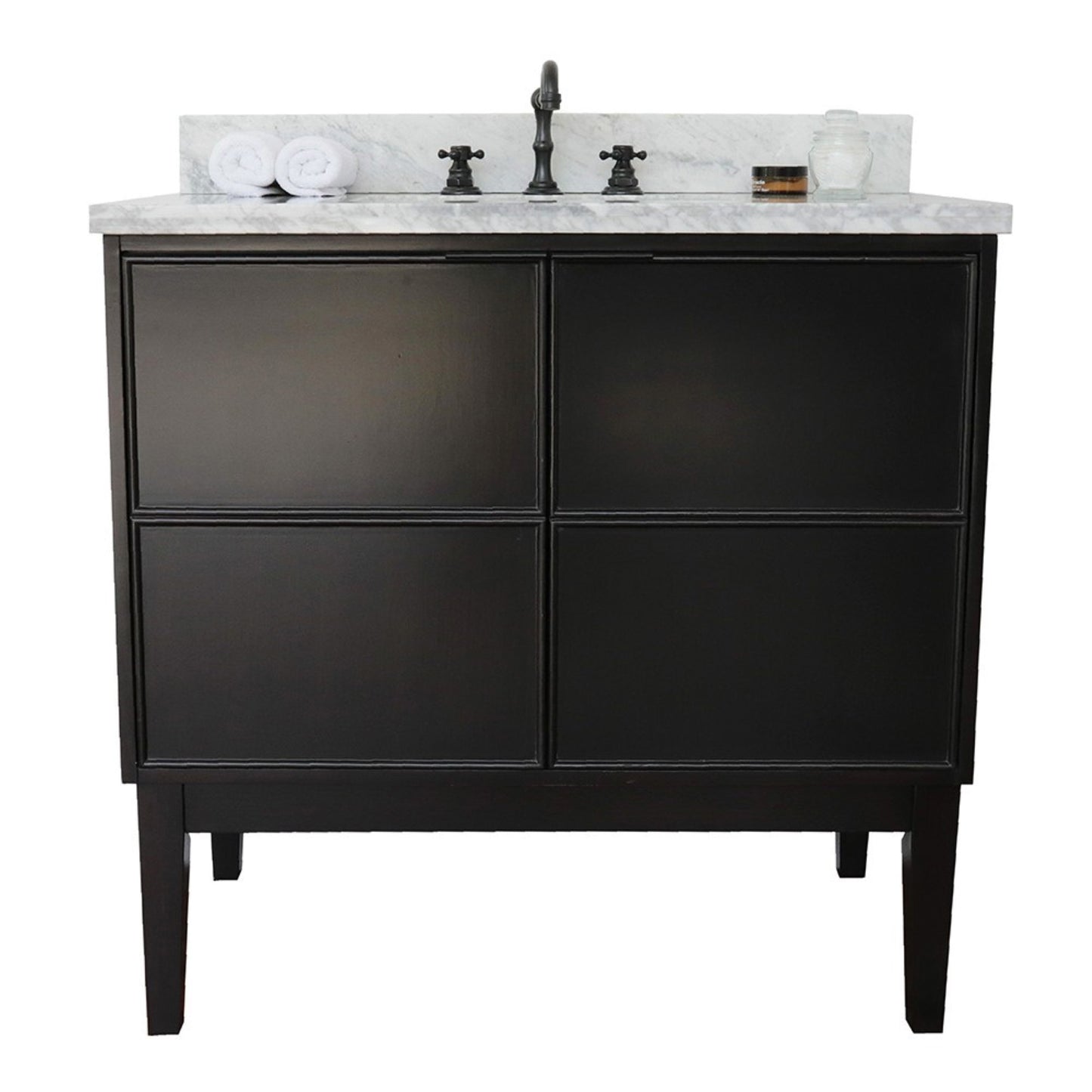 37" Single vanity in Cappuccino finish with White Carrara top and rectangle sink