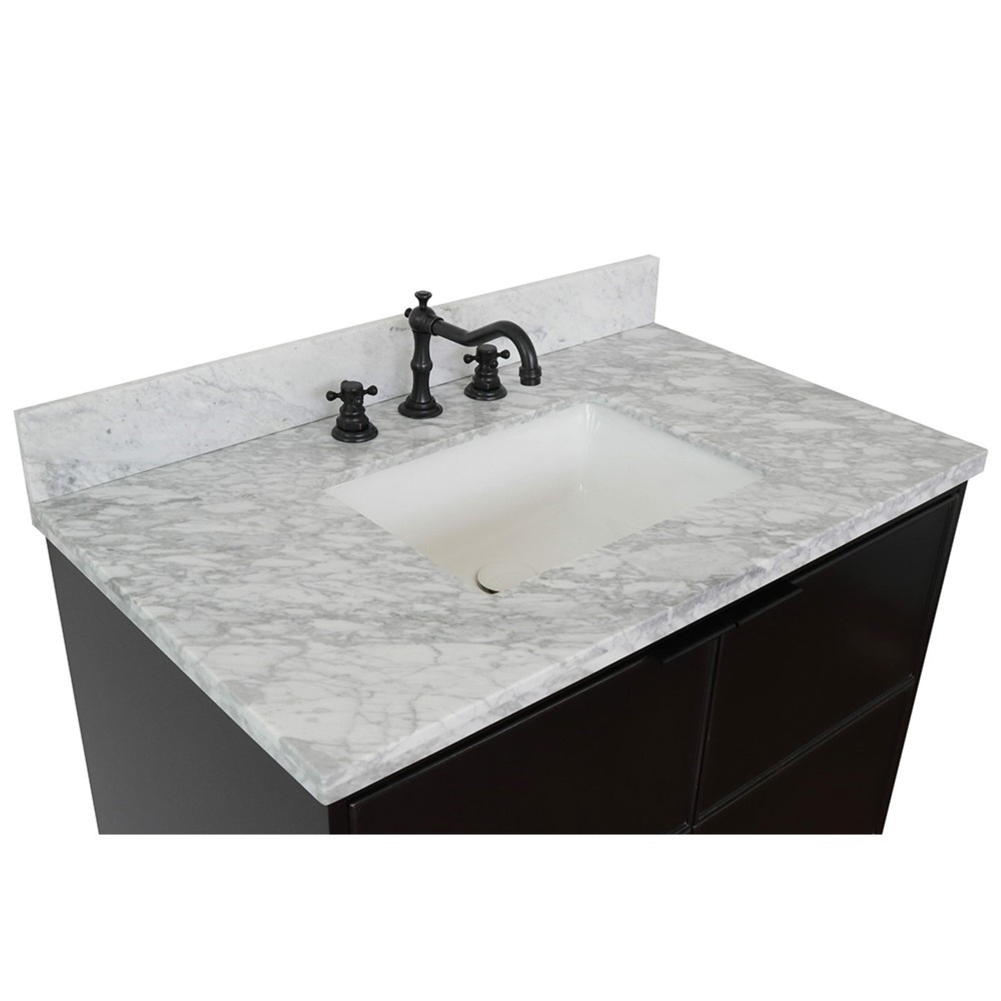 37" Single vanity in Cappuccino finish with White Carrara top and rectangle sink