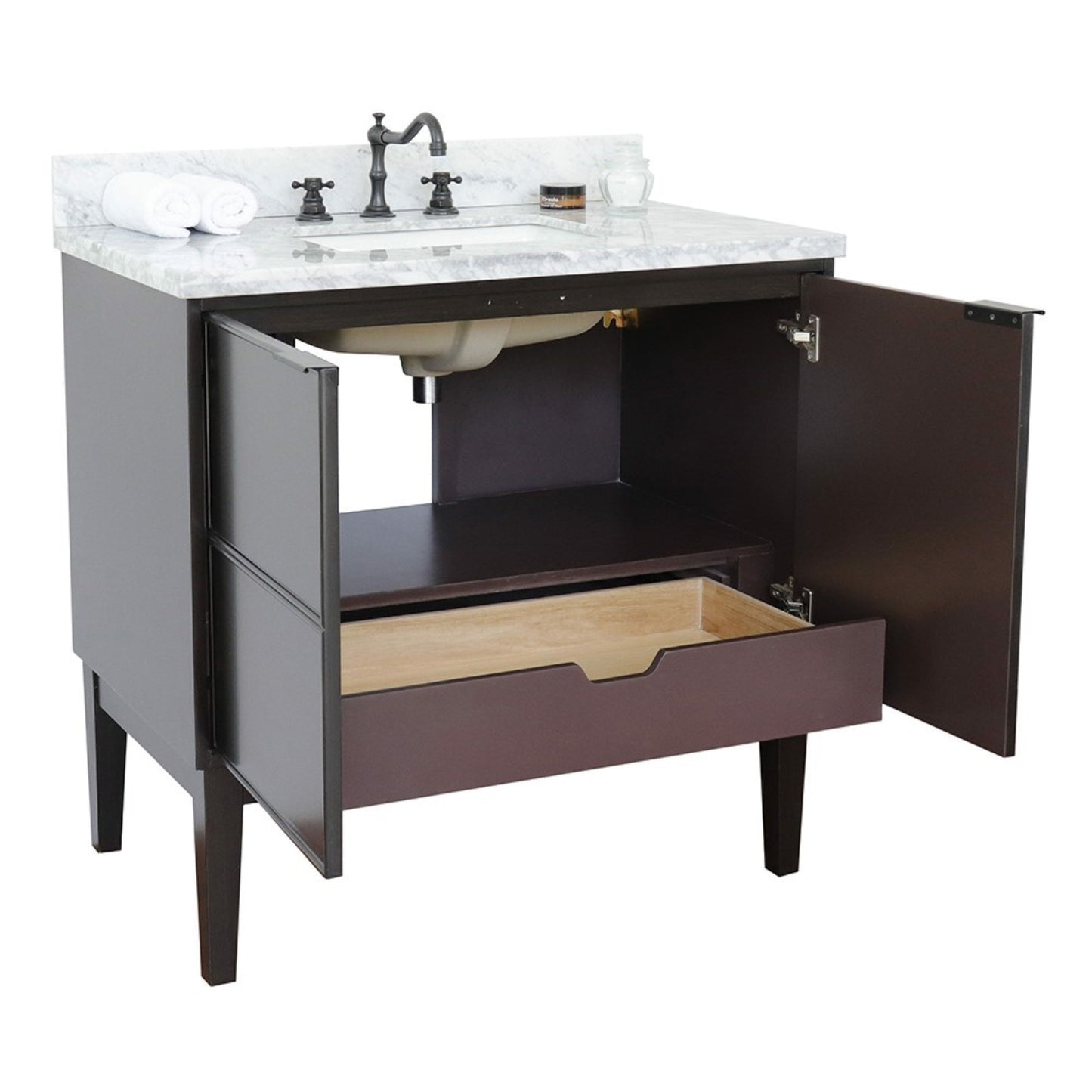 37" Single vanity in Cappuccino finish with White Carrara top and rectangle sink