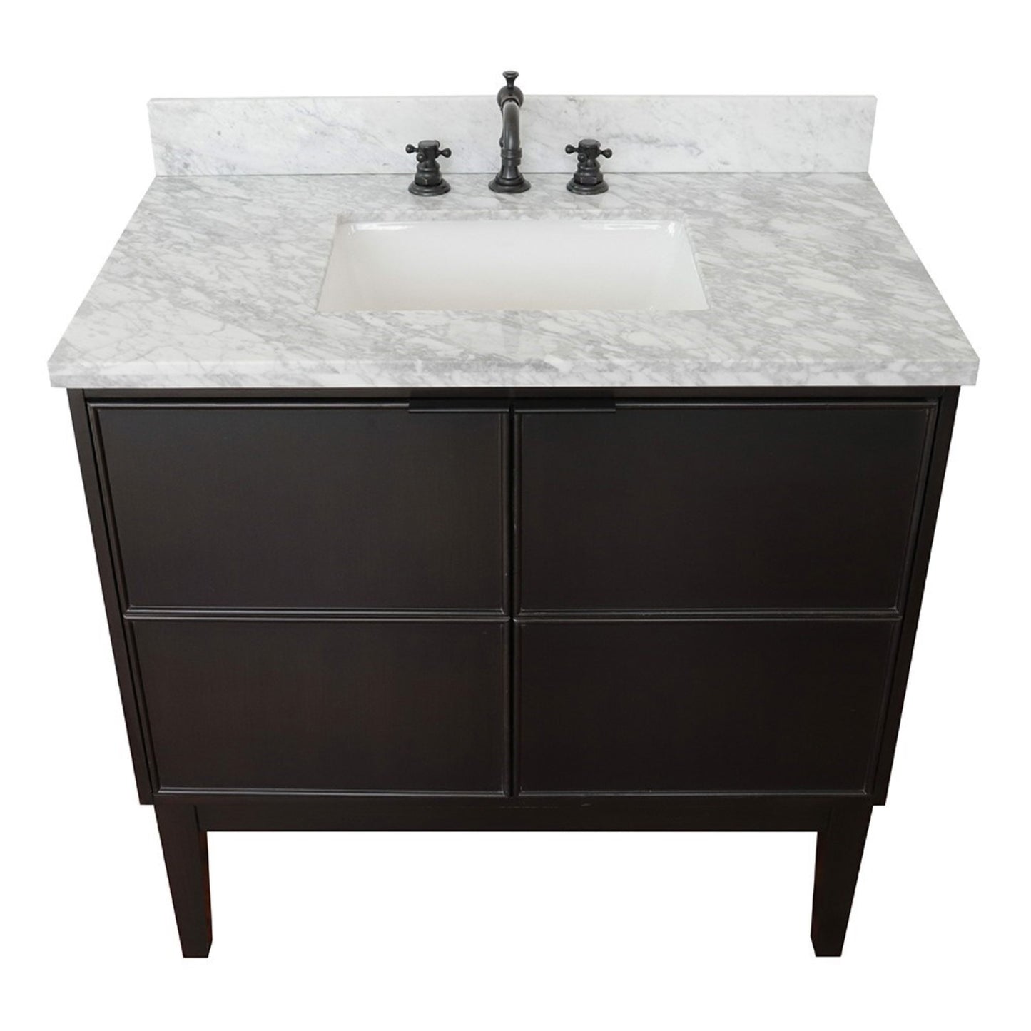 37" Single vanity in Cappuccino finish with White Carrara top and rectangle sink