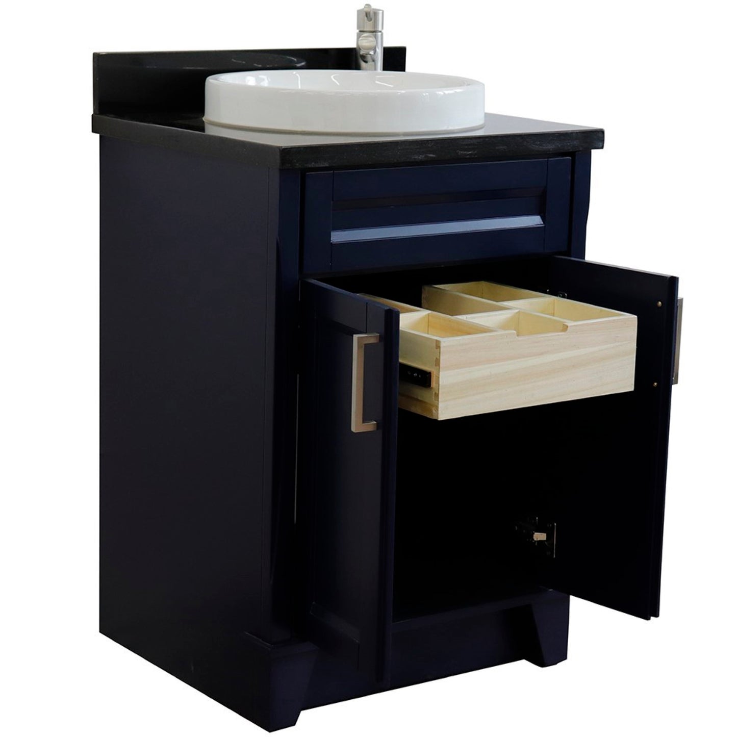 25" Single sink vanity in Blue finish with Black galaxy granite and round sink